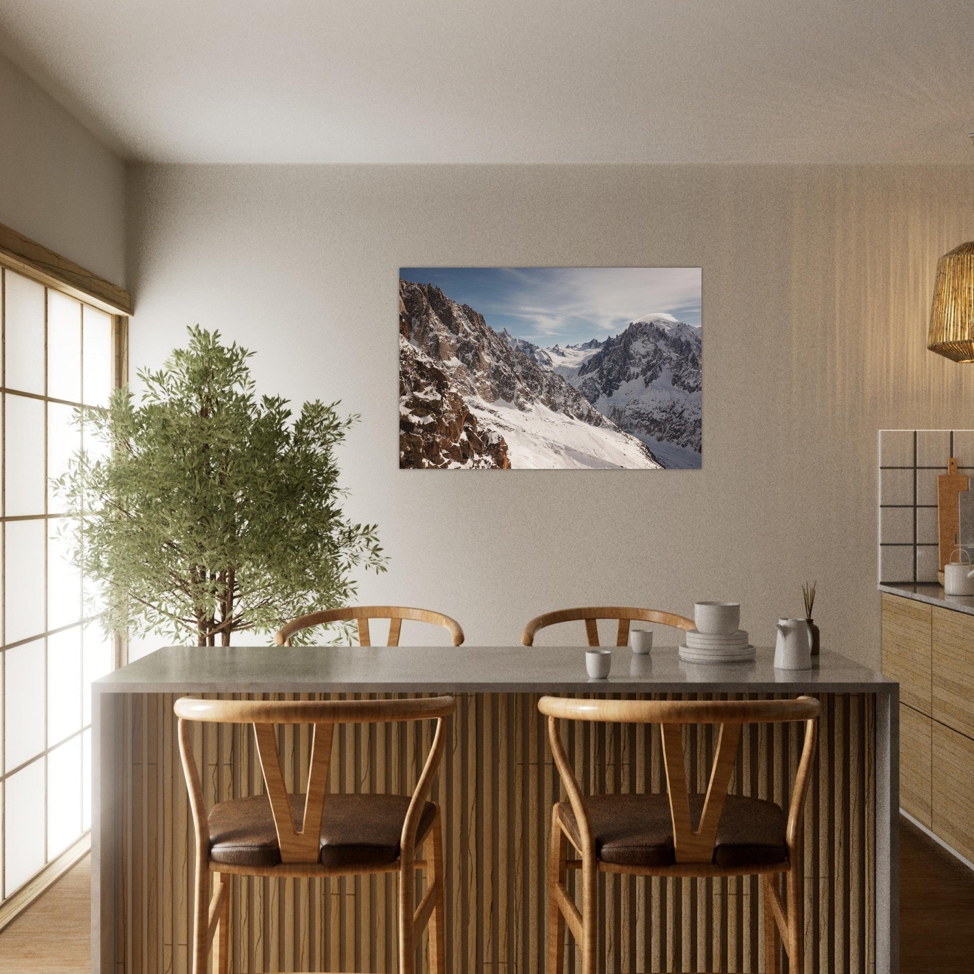 Photo des Drus devant le Mont-Blanc depuis les Grands Montets — tableau photo paysage de montagne en Alu Dibond