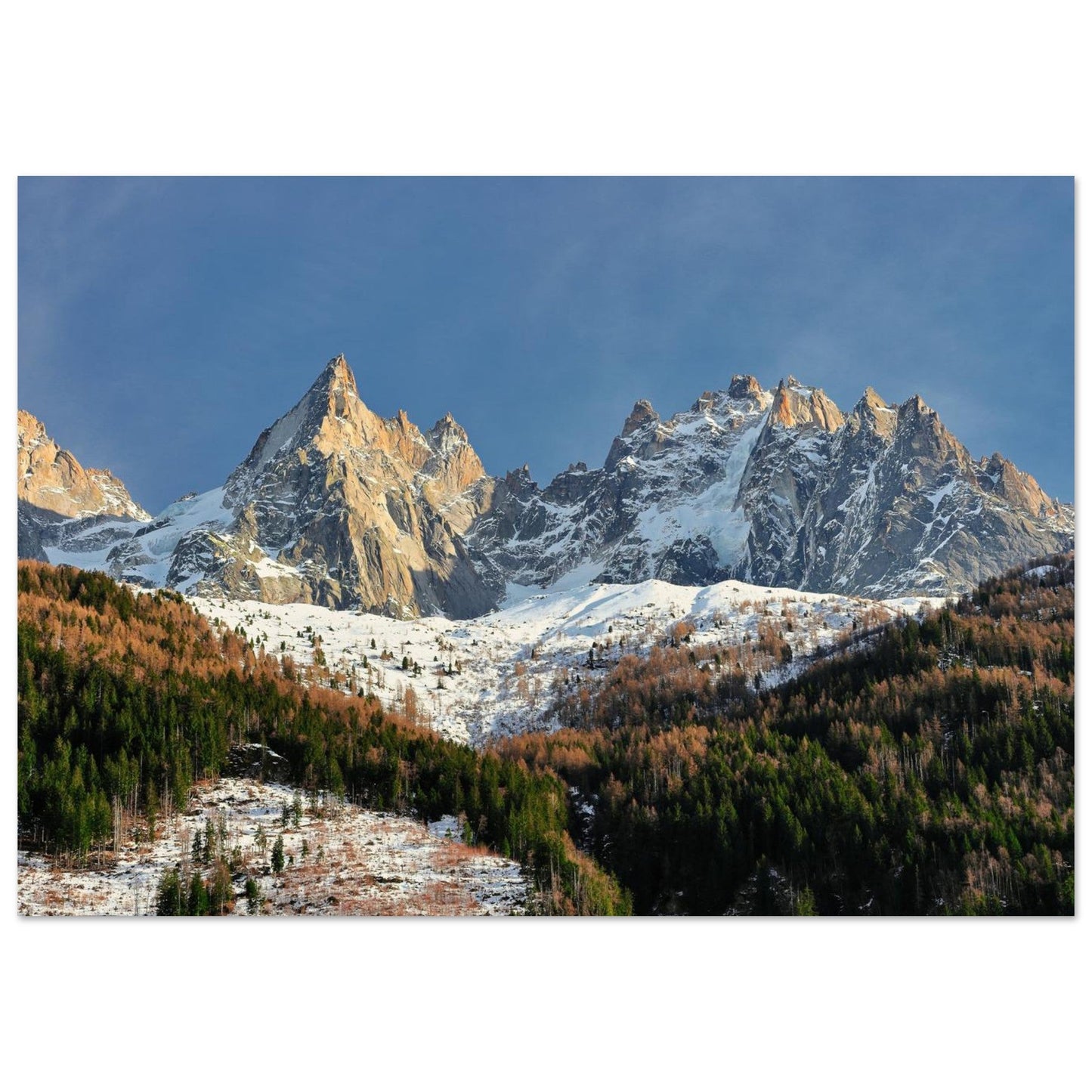 Tableau photo des Drus et de l’Aiguille Verte en automne sur aluminium Dibond mat, format 70 × 100 cm