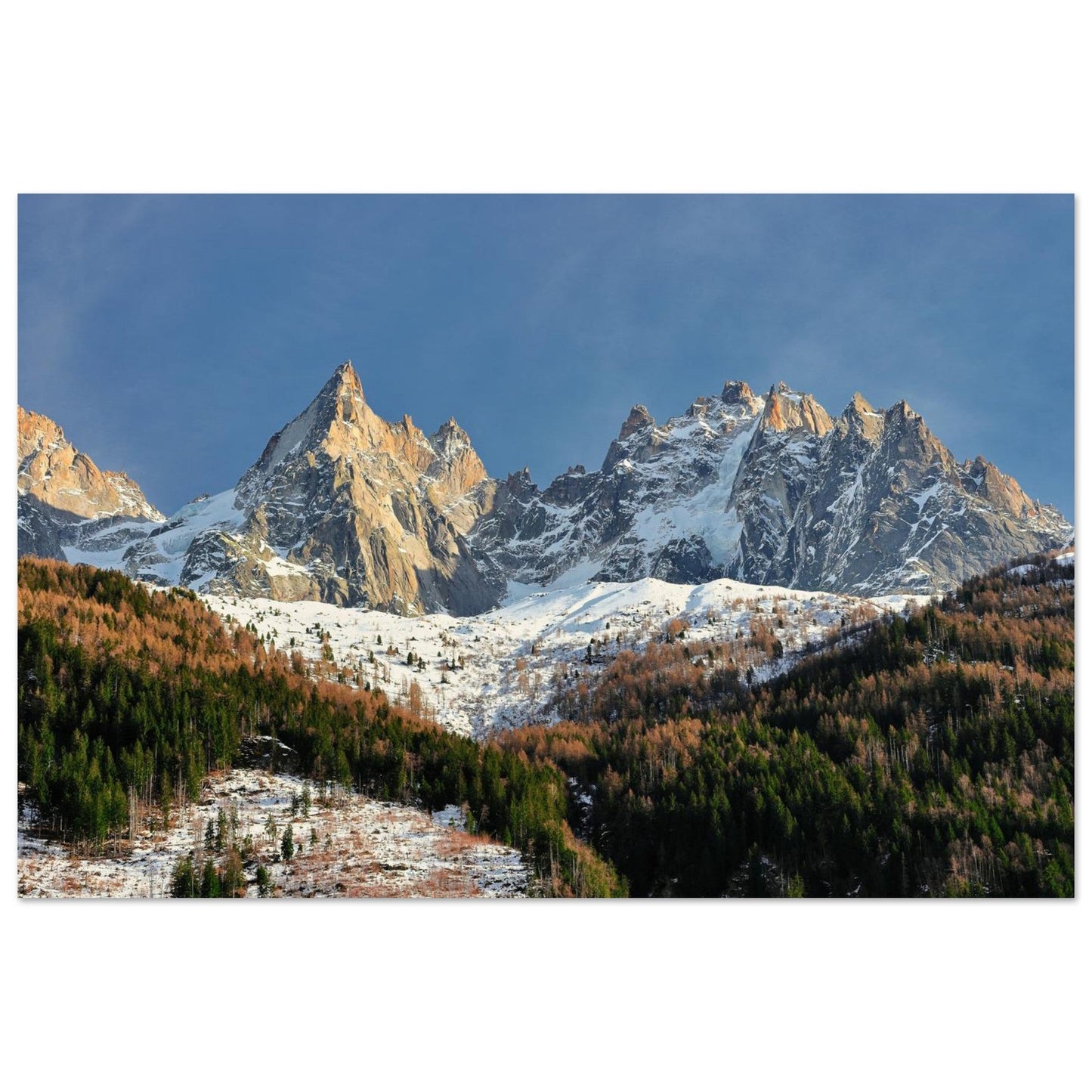 Tableau photo des Drus et de l’Aiguille Verte en automne sur aluminium Dibond mat, format 30 × 45 cm