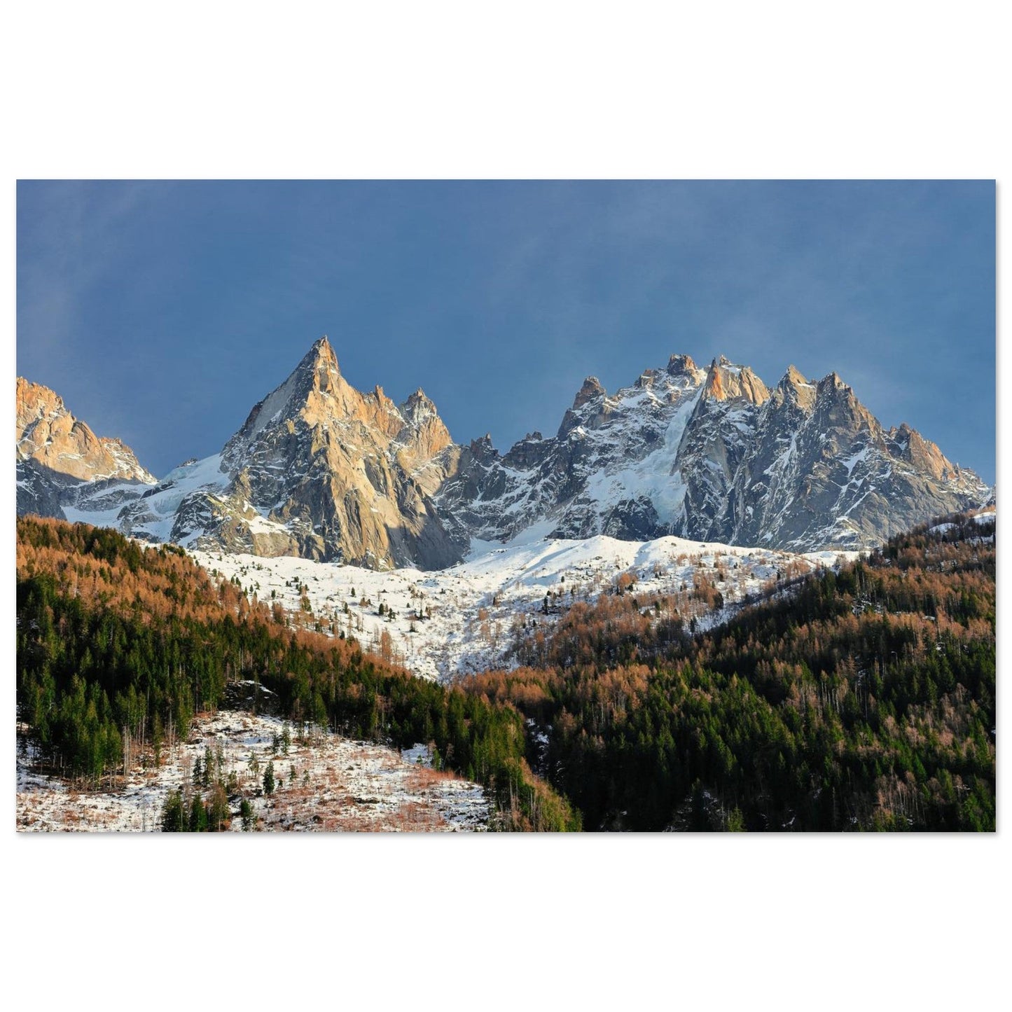 Tableau photo des Drus et de l’Aiguille Verte en automne sur aluminium Dibond mat, format 60 × 90 cm