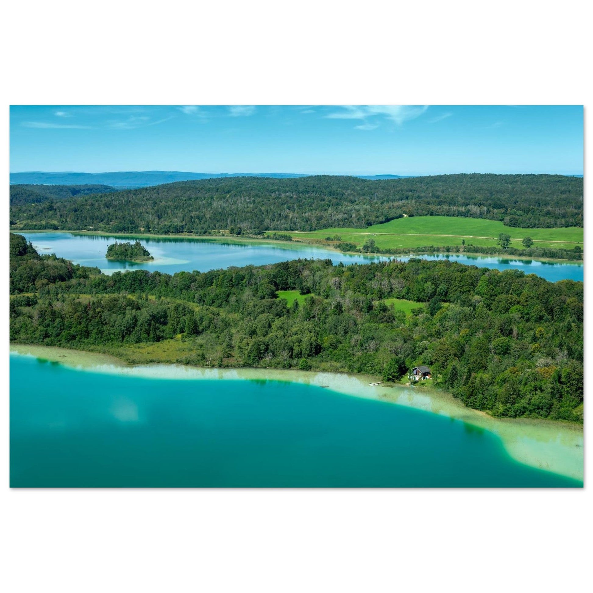 Photo des Quatre Lacs du Jura depuis le belvédère — tableau photo paysage de montagne en Alu Dibond