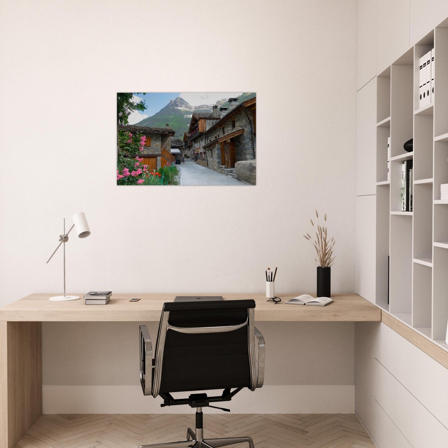 Photo of the flowery alleyways of Bonneval-sur-Arc in summer — photo print on matte aluminium Dibond