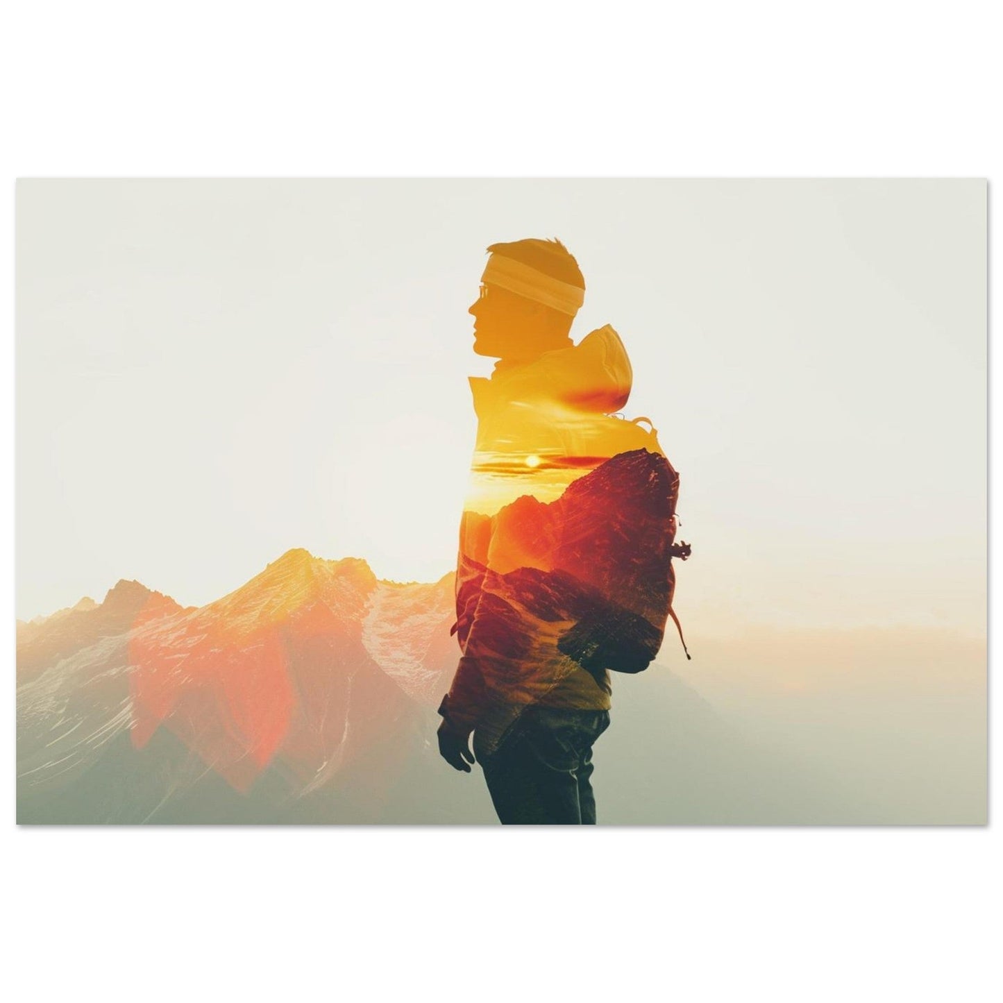 Tableau photo Photo Randonneur × montagnes — coucher de soleil (Alpes) — tirage aluminium Dibond mat, fabrication française, prêt à accrocher