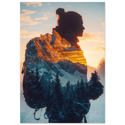 Tableau photo Photo Randonneur x Montagnes — double exposition (Alpes) — tirage aluminium Dibond mat, fabrication française, prêt à accrocher
