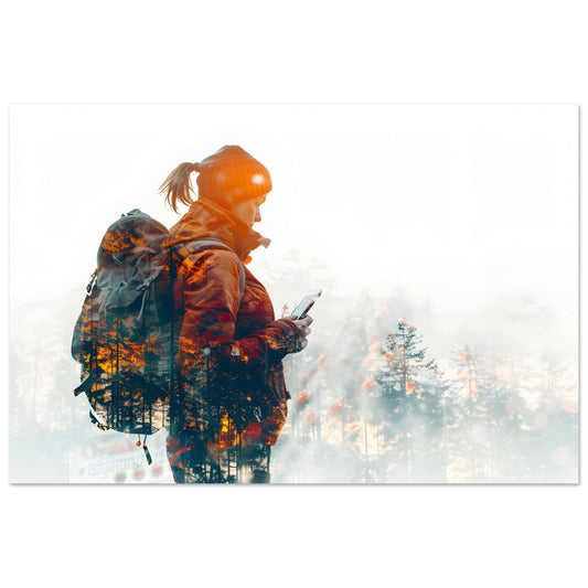 Tableau photo Photo Randonneuse × forêt — double exposition (Alpes) — tirage aluminium Dibond mat, fabrication française, prêt à accrocher