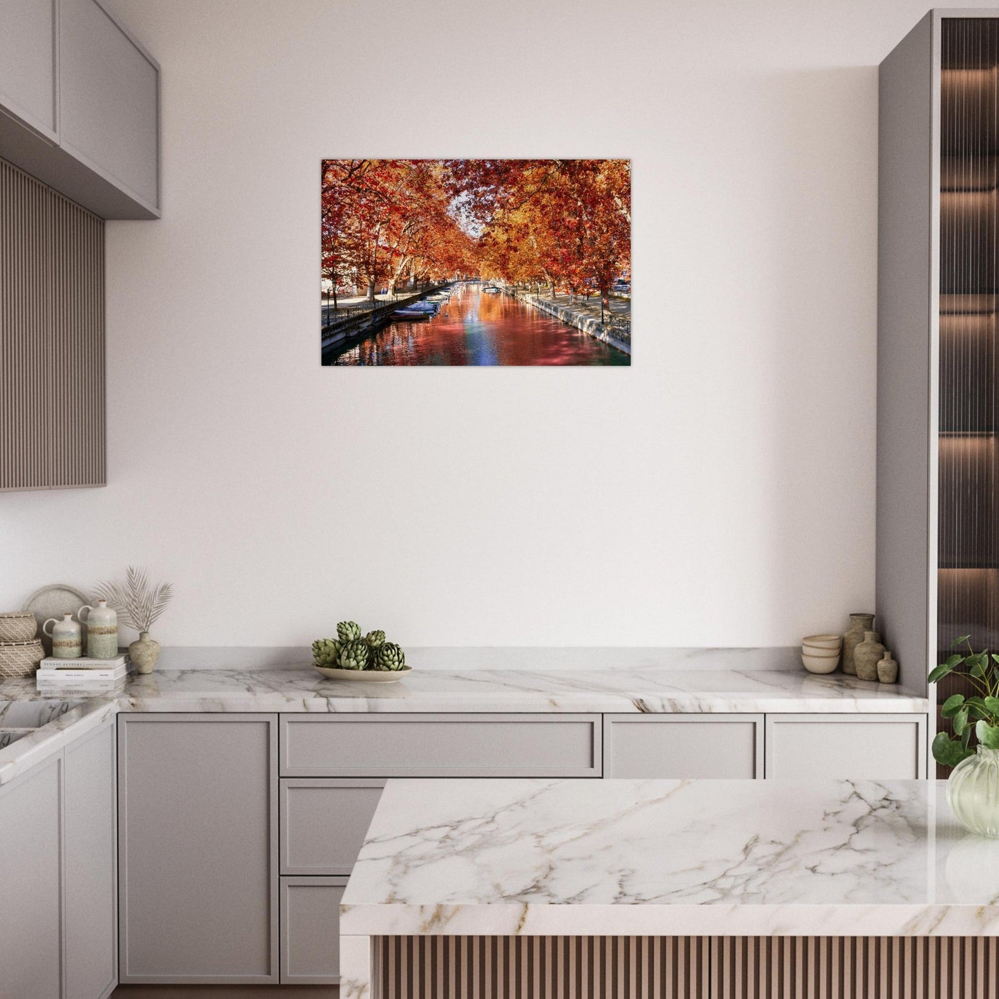 Photo of the Vassé Canal in Annecy in autumn — photo print on matte aluminium Dibond