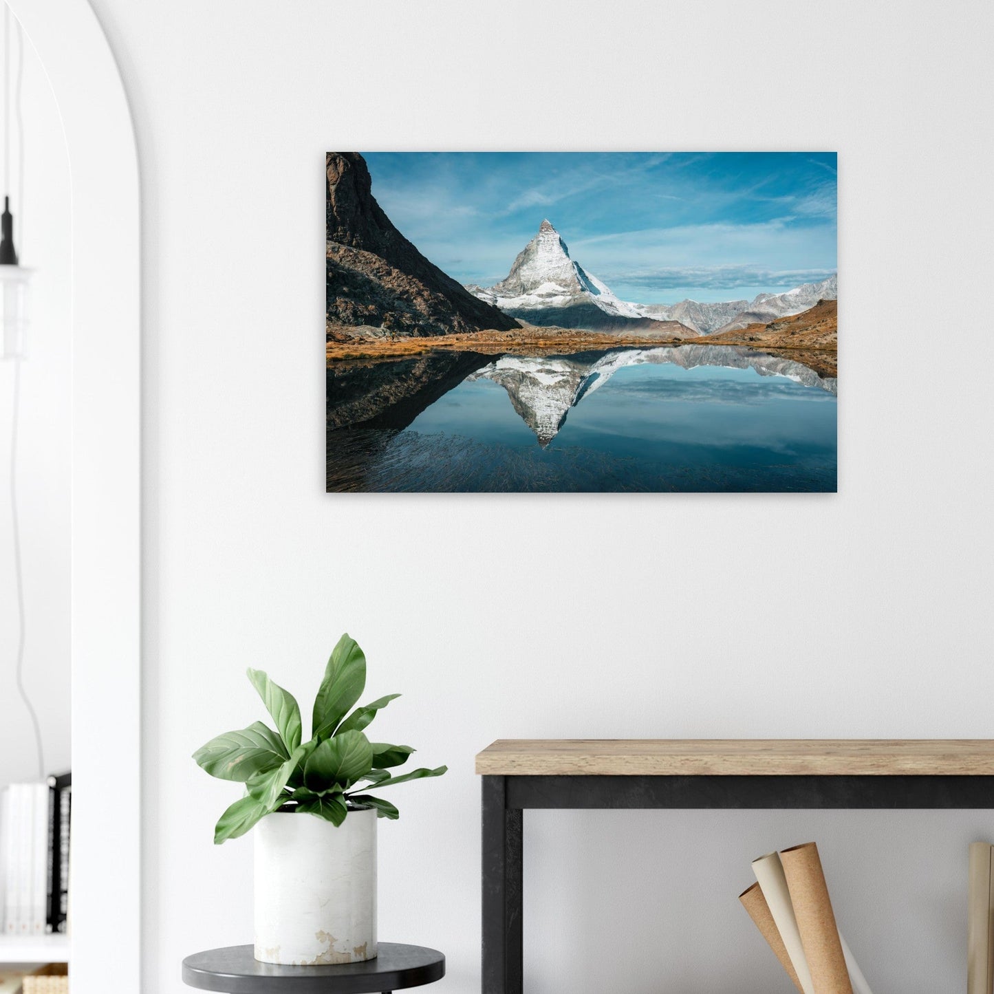 Photo du Cervin reflété dans le lac Riffelsee à Zermatt — tableau photo paysage de montagne en Alu Dibond