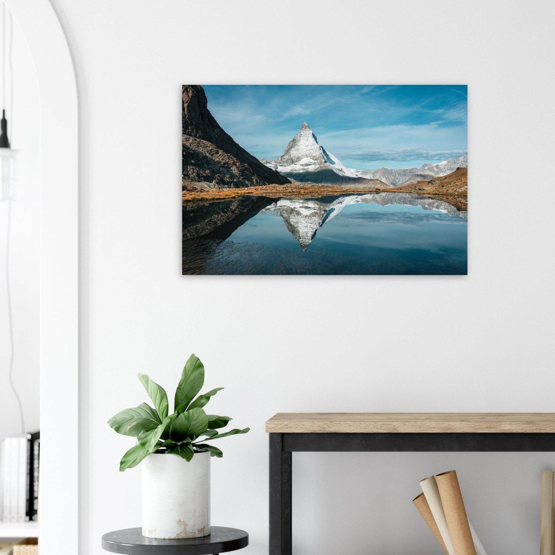 Photo du Cervin reflété dans le lac Riffelsee à Zermatt — tableau photo paysage de montagne en Alu Dibond
