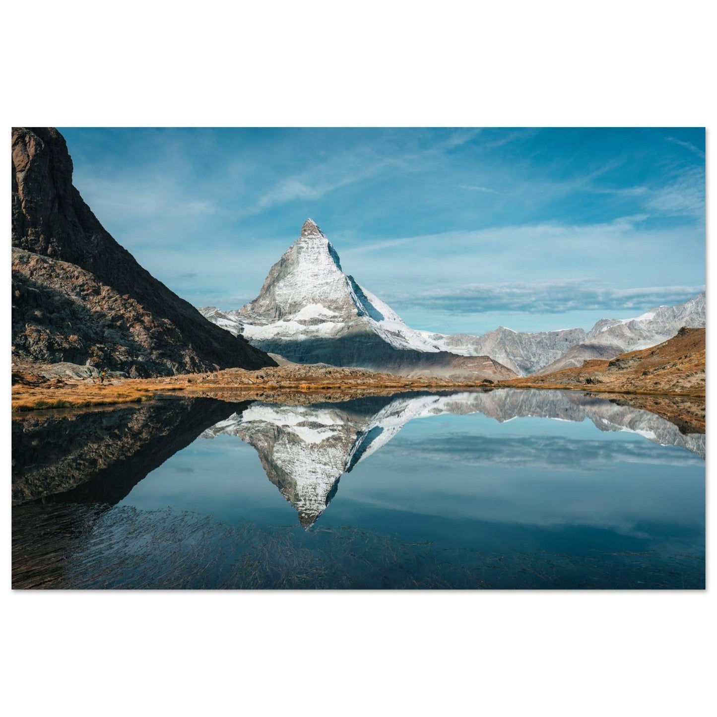 Photo du Cervin reflété dans le lac Riffelsee à Zermatt — tableau photo paysage de montagne en Alu Dibond