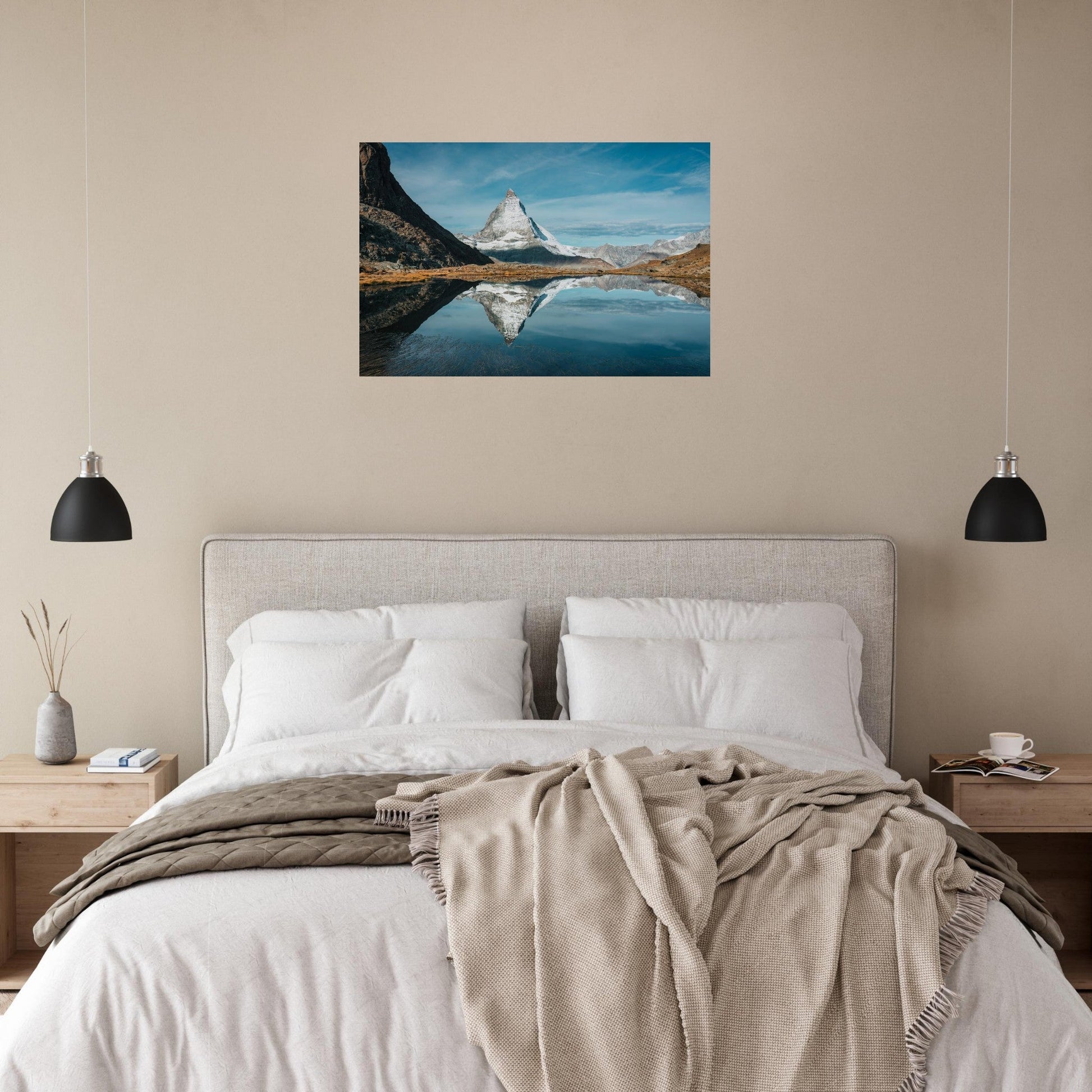 Photo du Cervin reflété dans le lac Riffelsee à Zermatt — tableau photo paysage de montagne en Alu Dibond