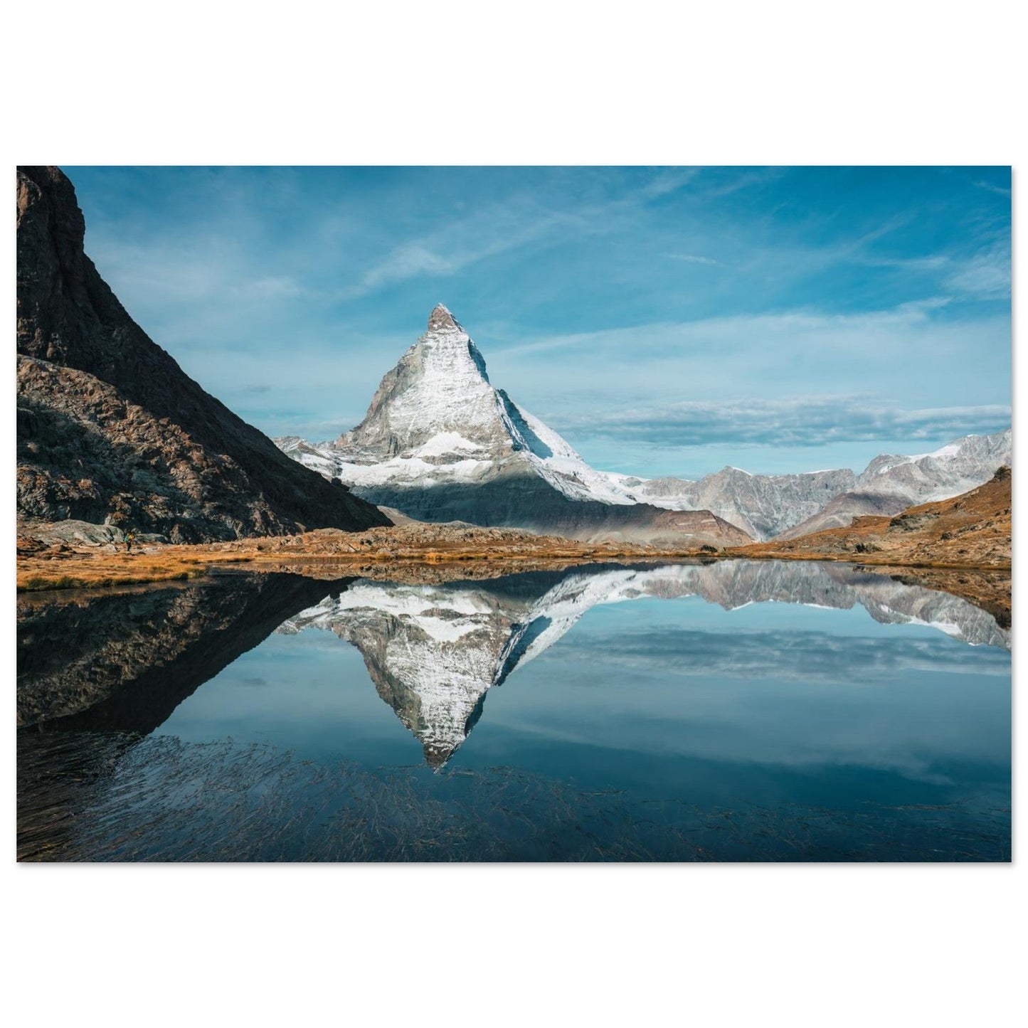 Photo du Cervin reflété dans le lac Riffelsee à Zermatt — tableau photo paysage de montagne en Alu Dibond