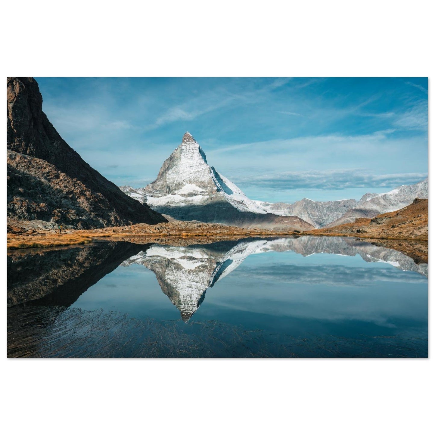 Photo du Cervin reflété dans le lac Riffelsee à Zermatt — tableau photo paysage de montagne en Alu Dibond
