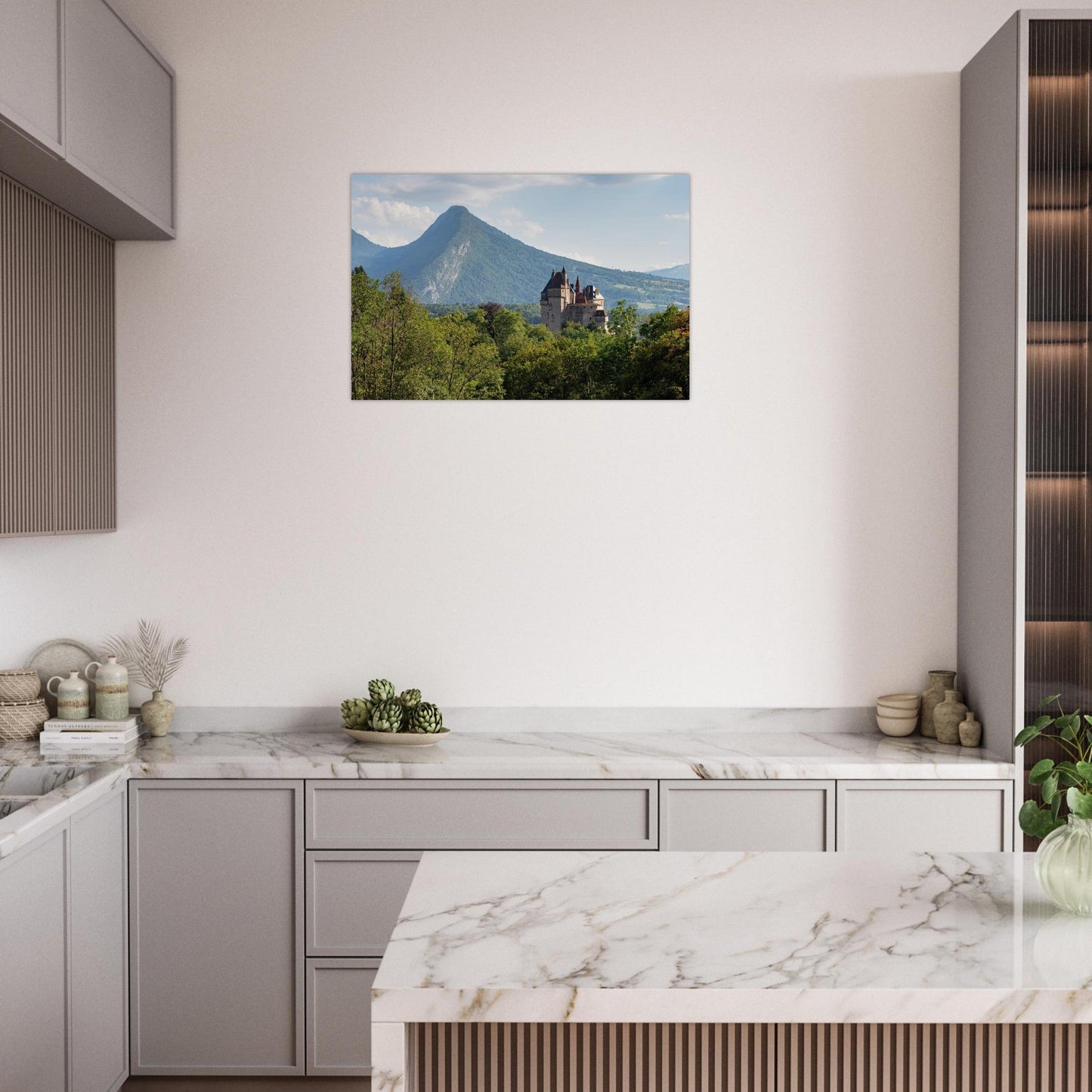 Photo of Duingt Castle on the shore of Lake Annecy — photo print on matte aluminium Dibond