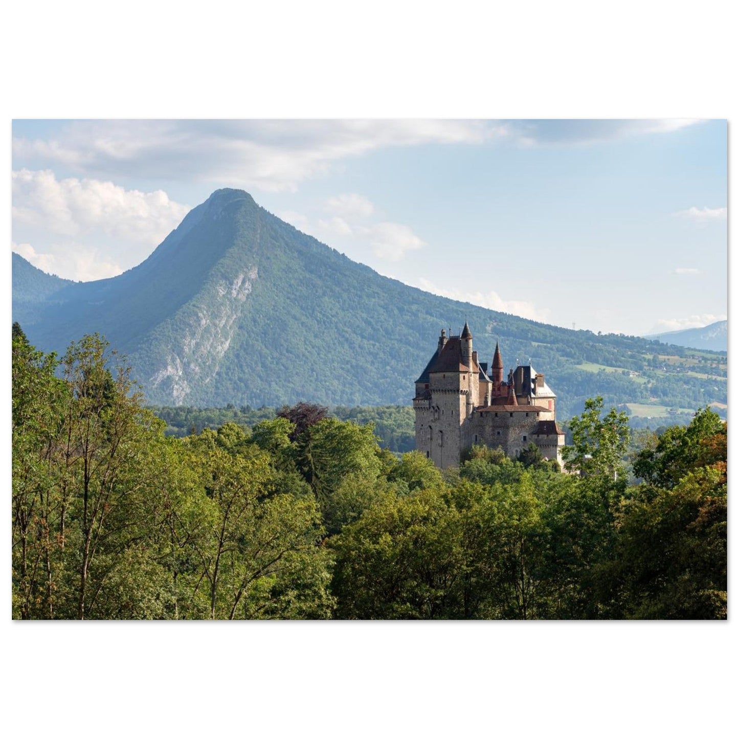 Photo of Duingt Castle on the shore of Lake Annecy — photo print on matte aluminium Dibond