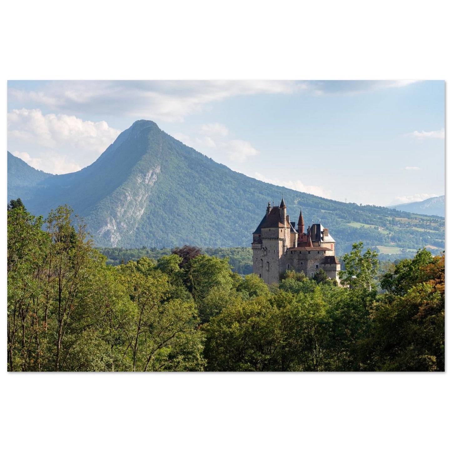 Photo of Duingt Castle on the shore of Lake Annecy — photo print on matte aluminium Dibond