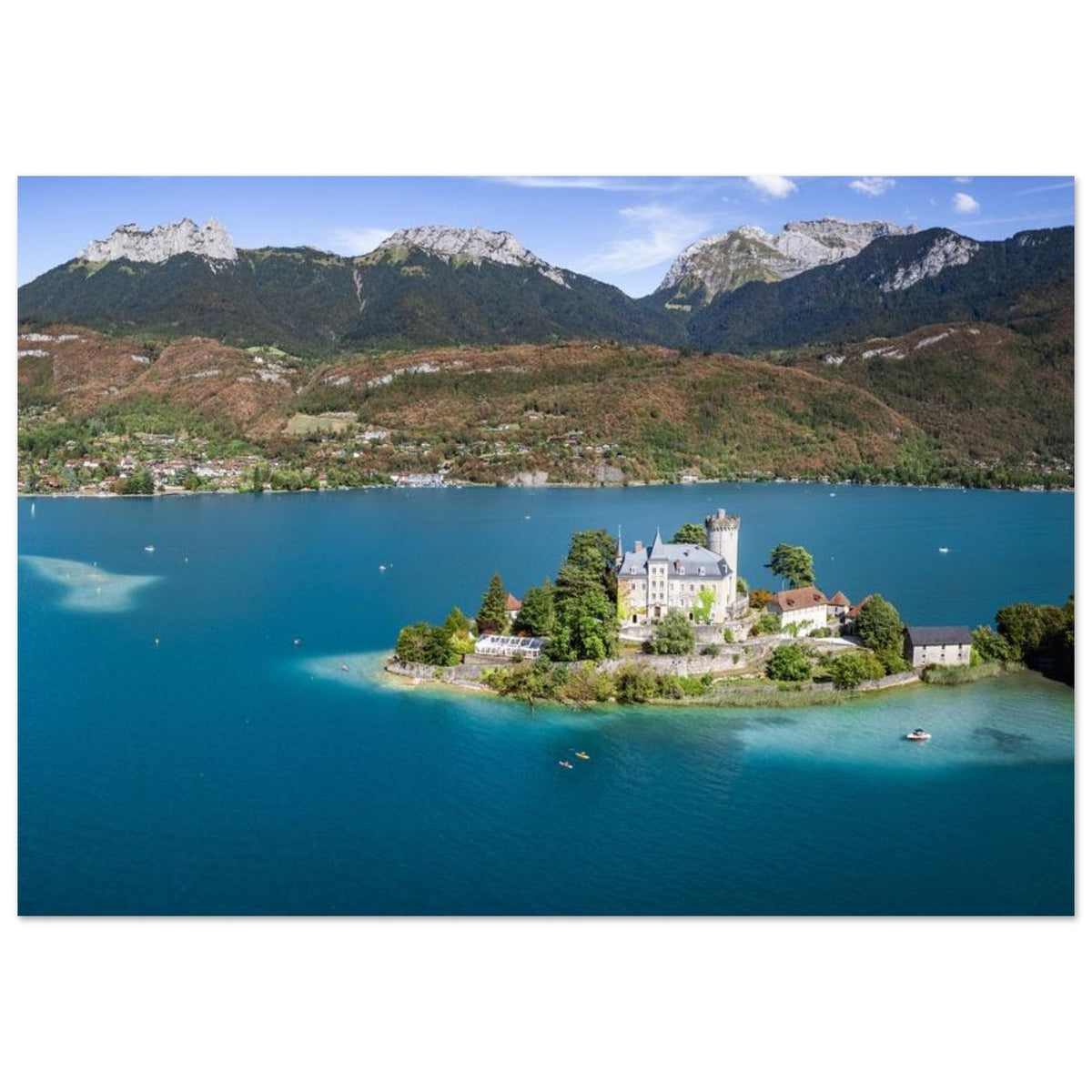 Tableau photo du château de Duingt sur le lac d’Annecy sur aluminium Dibond mat, format 70 × 100 cm