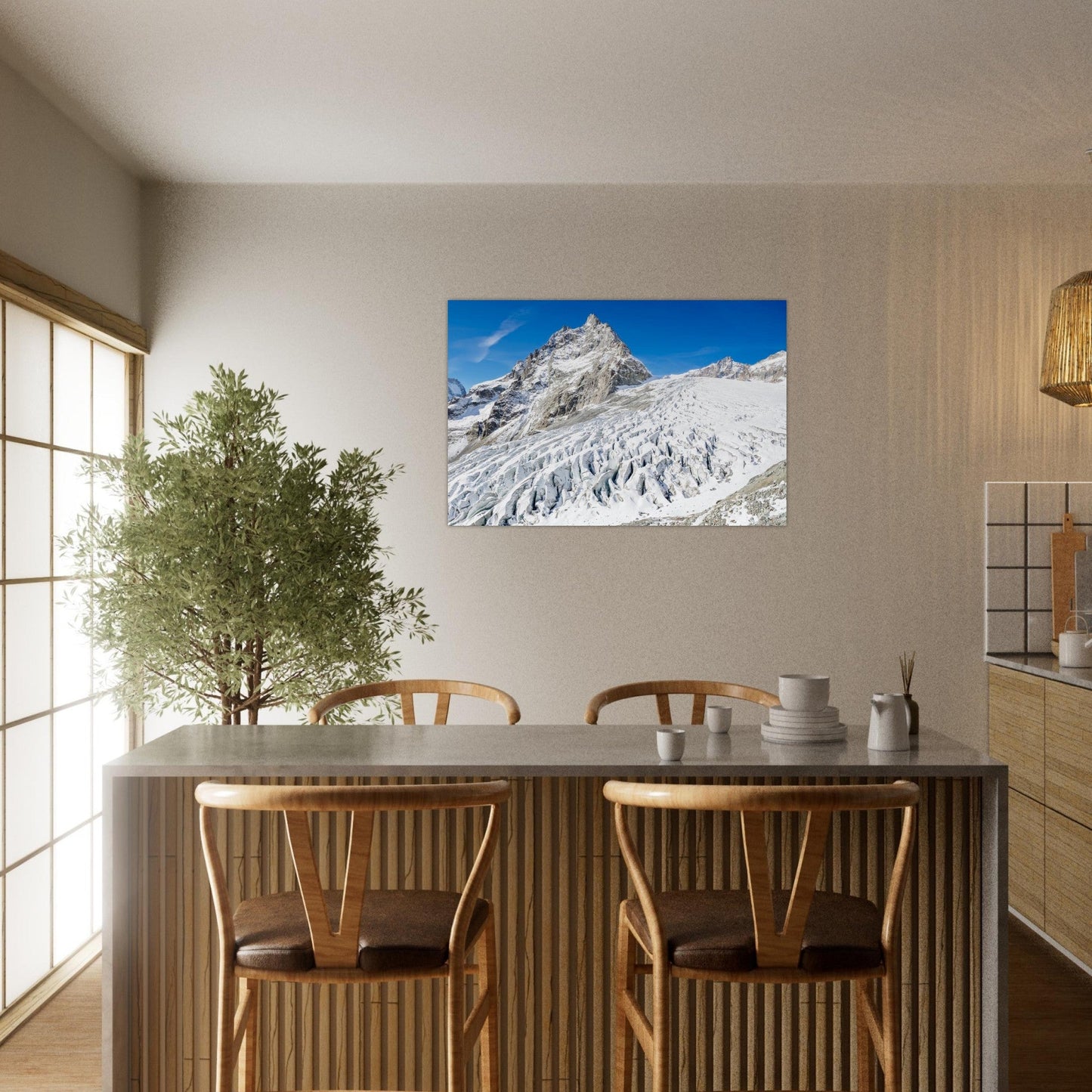 Tableau photo du Glacier Blanc face au mont Pelvoux sur aluminium Dibond mat, exposé dans une chambre