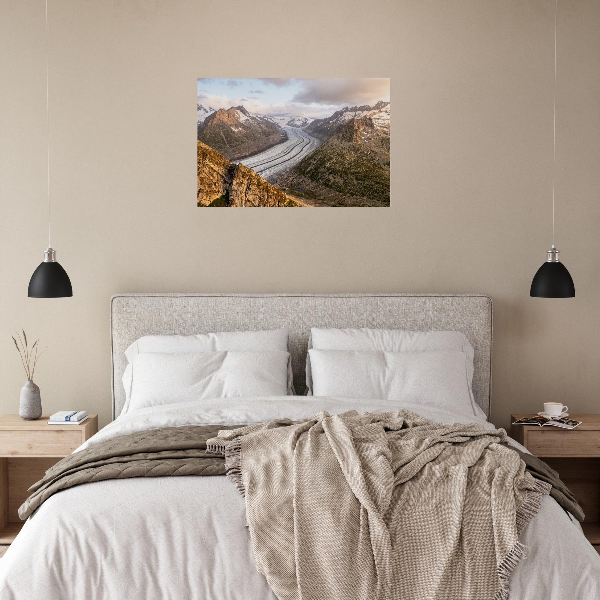 Photo du glacier d’Aletsch au lever du soleil en Suisse — tableau photo paysage de montagne en Alu Dibond, fabrication française