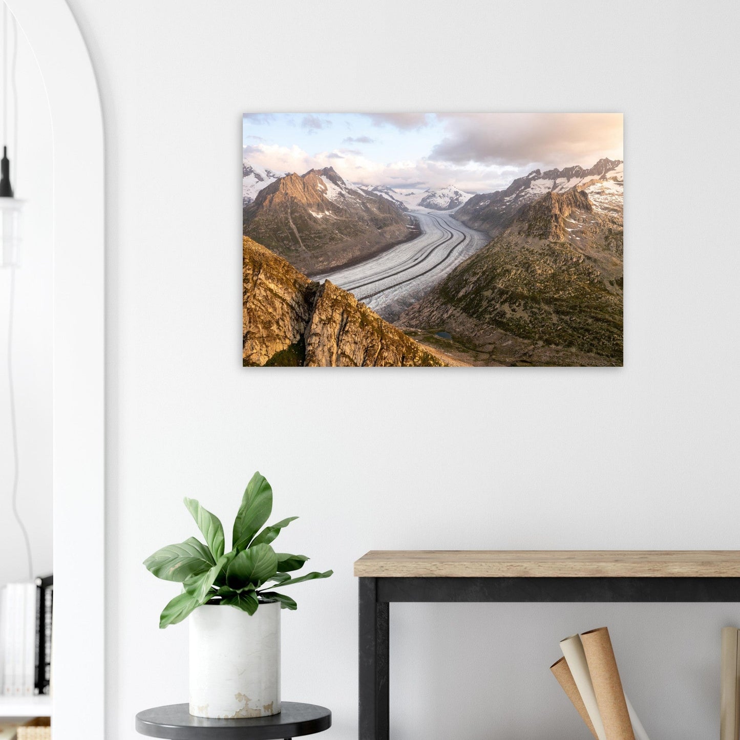 Photo du glacier d’Aletsch au lever du soleil en Suisse — tableau photo paysage de montagne en Alu Dibond, fabrication française
