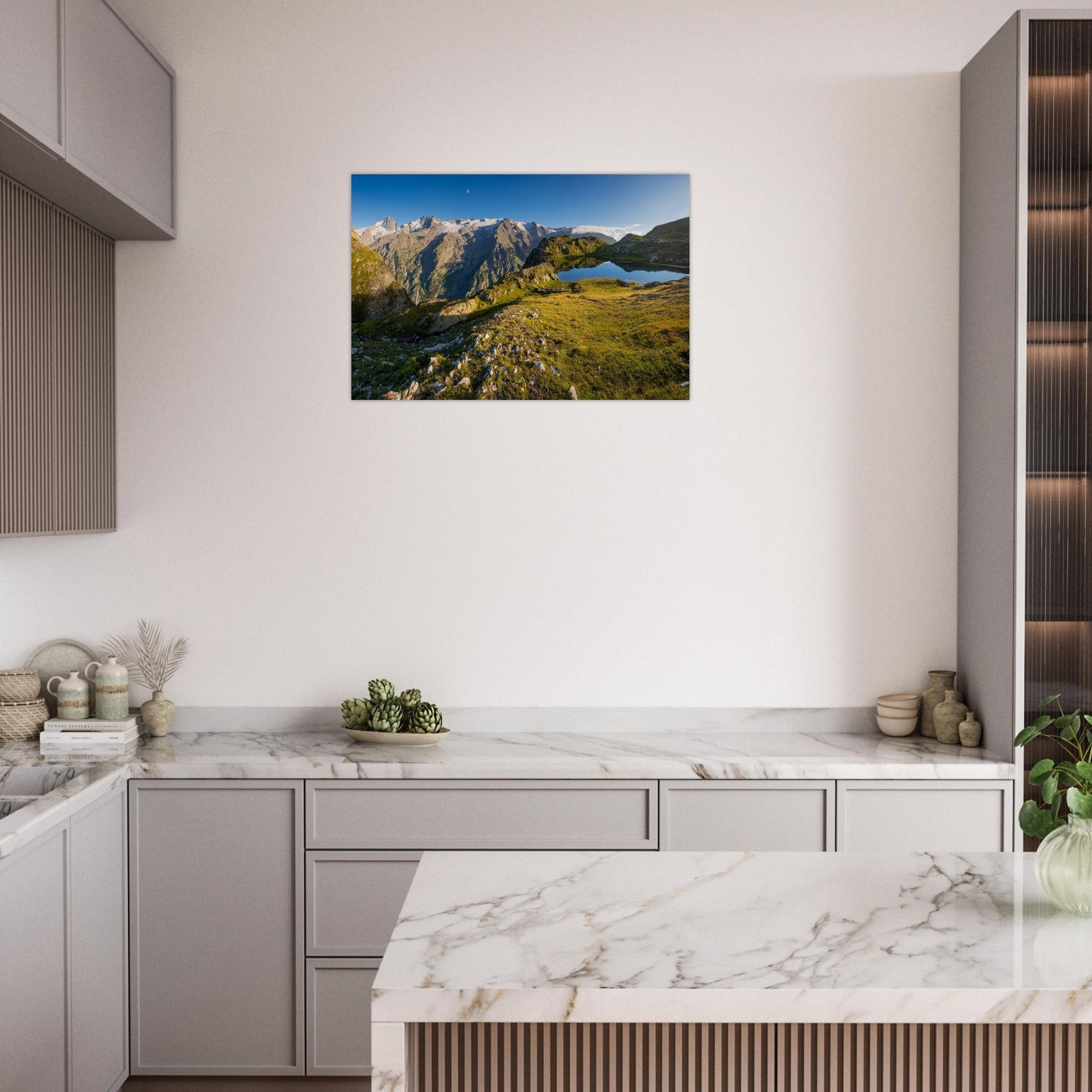 Tableau photo du glacier de la Meije depuis le lac Lérié sur aluminium Dibond mat, exposé dans une chambre