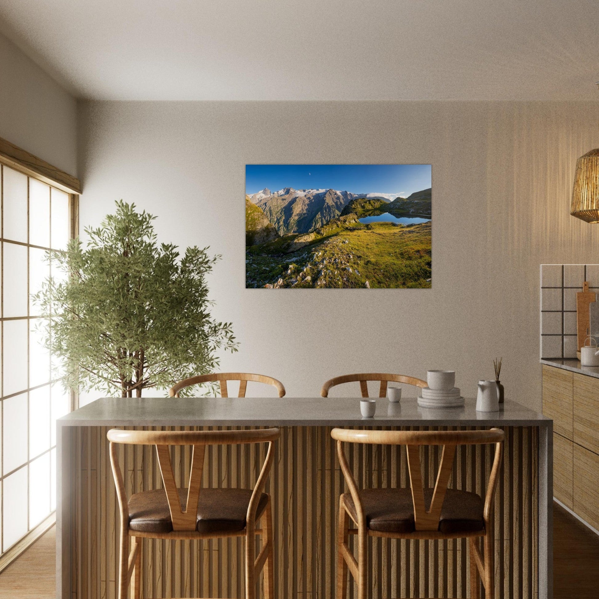 Tableau photo du glacier de la Meije depuis le lac Lérié sur aluminium Dibond mat, présenté dans un intérieur