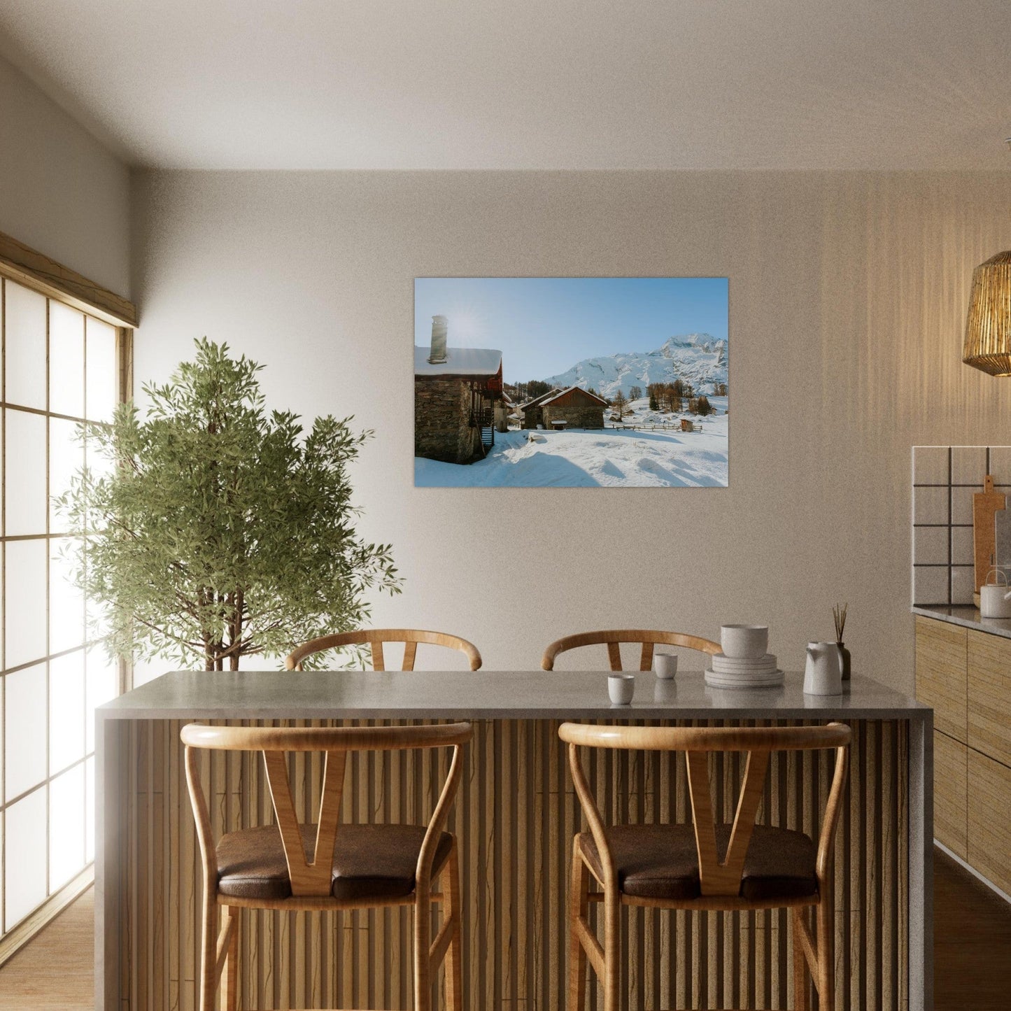 Tableau photo du hameau du Monal sous la neige sur aluminium Dibond mat, exposé dans une chambre