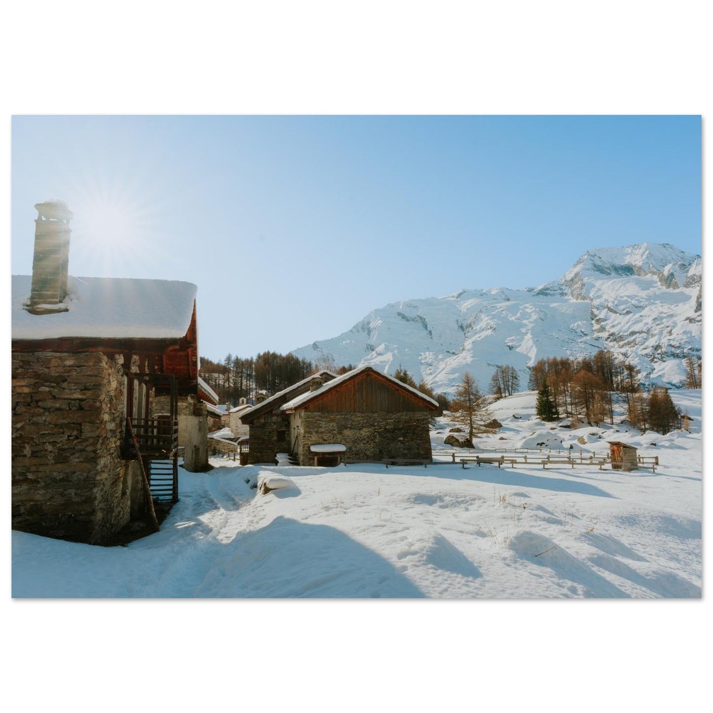 Tableau photo du hameau du Monal sous la neige sur aluminium Dibond mat, format 70 × 100 cm
