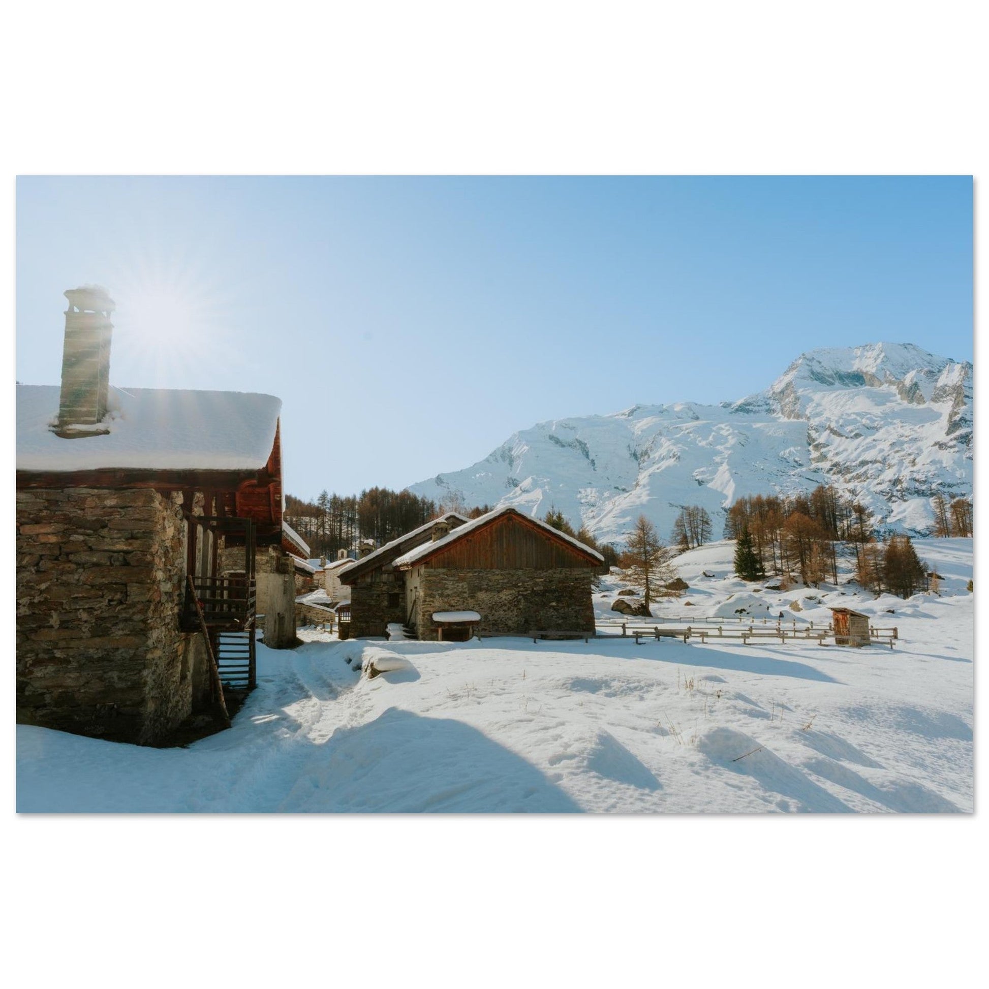 Tableau photo du hameau du Monal sous la neige sur aluminium Dibond mat, format 30 × 45 cm