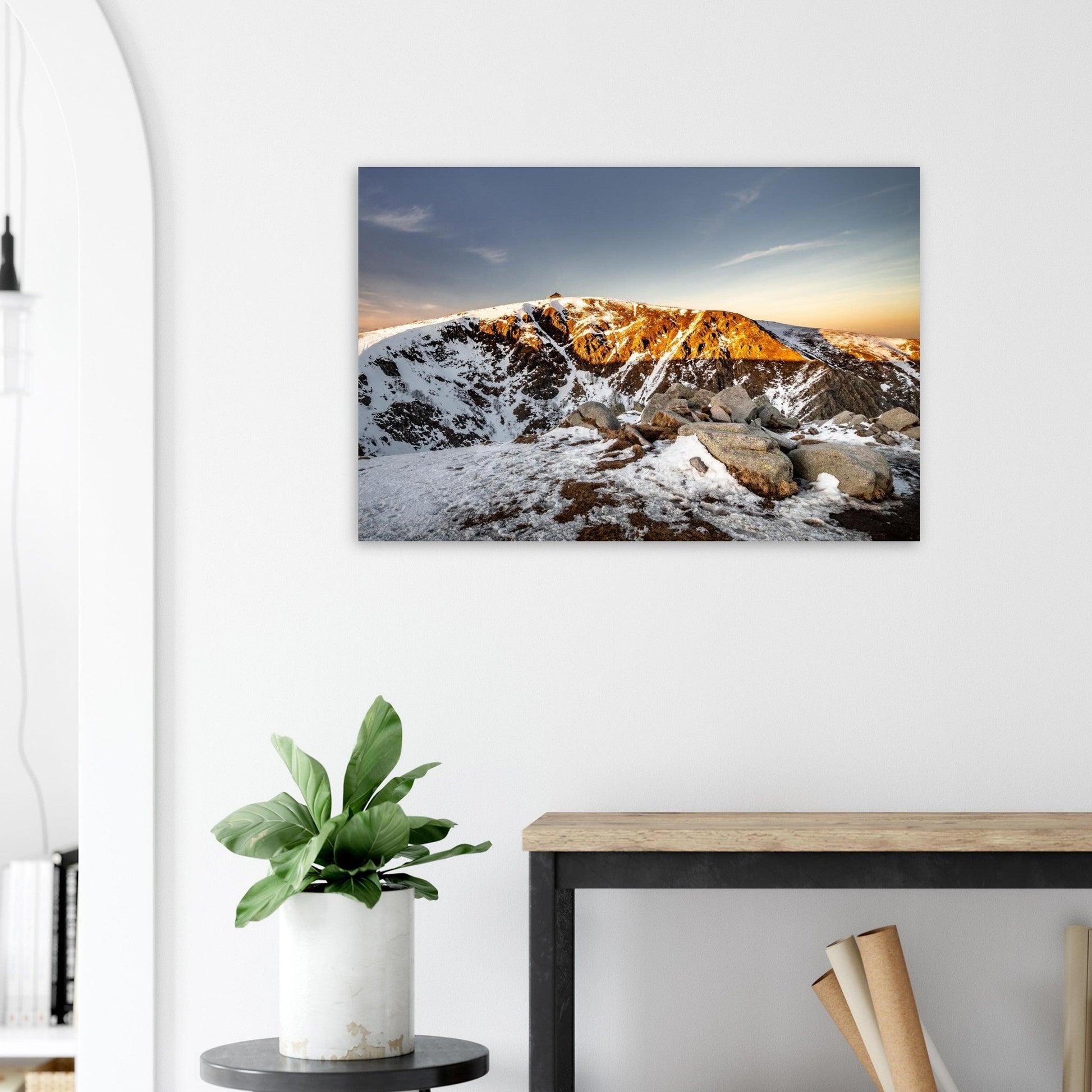 Photo du Hohneck enneigé au coucher du soleil — tableau photo paysage de montagne en Alu Dibond, fabrication française