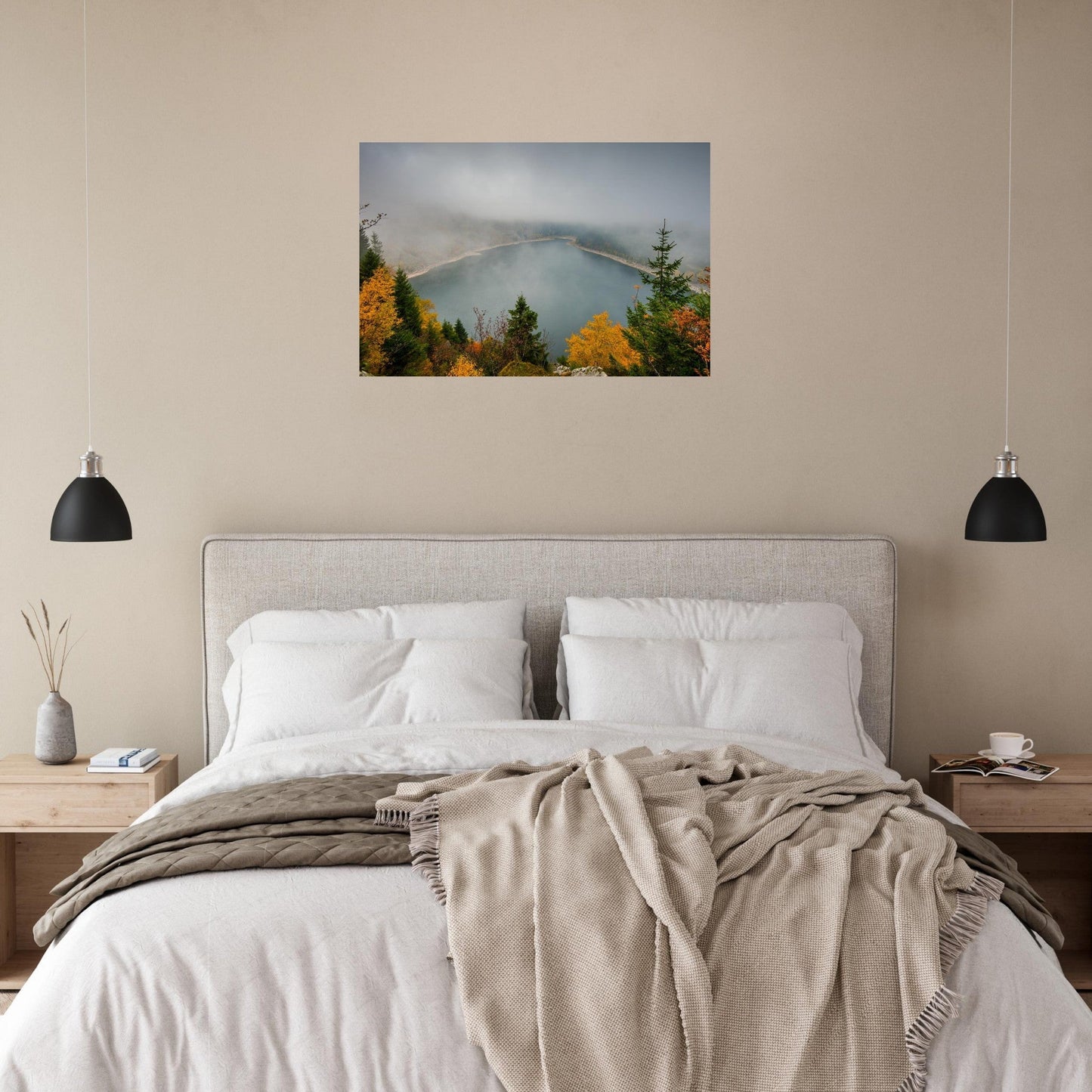 Photo of Lac Blanc in the fog in autumn — photo print on matte aluminium Dibond