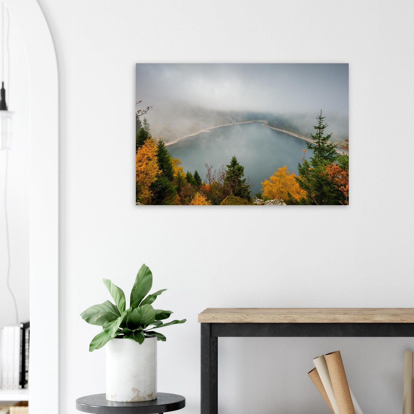 Photo of Lac Blanc in the fog in autumn — photo print on matte aluminium Dibond