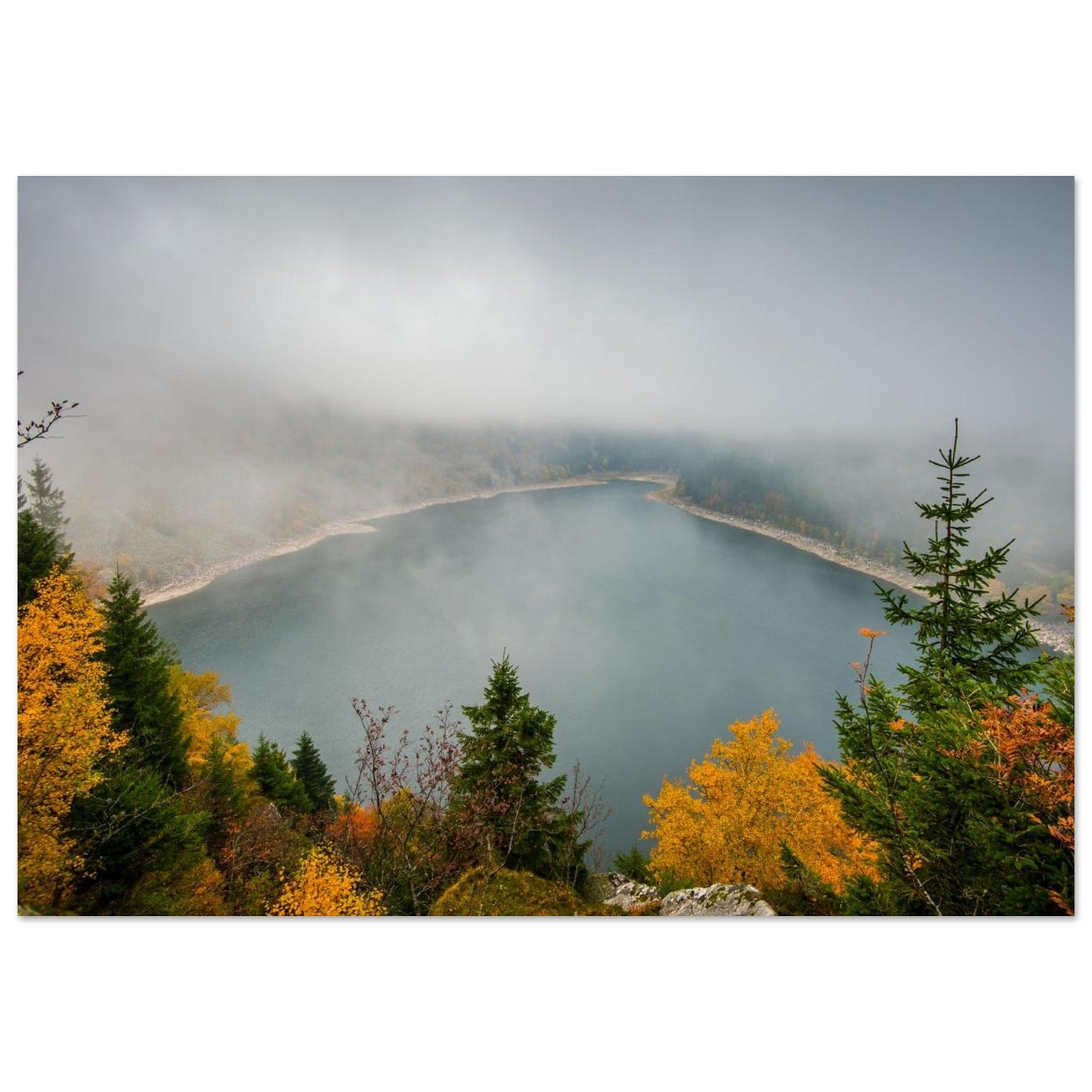 Photo of Lac Blanc in the fog in autumn — photo print on matte aluminium Dibond