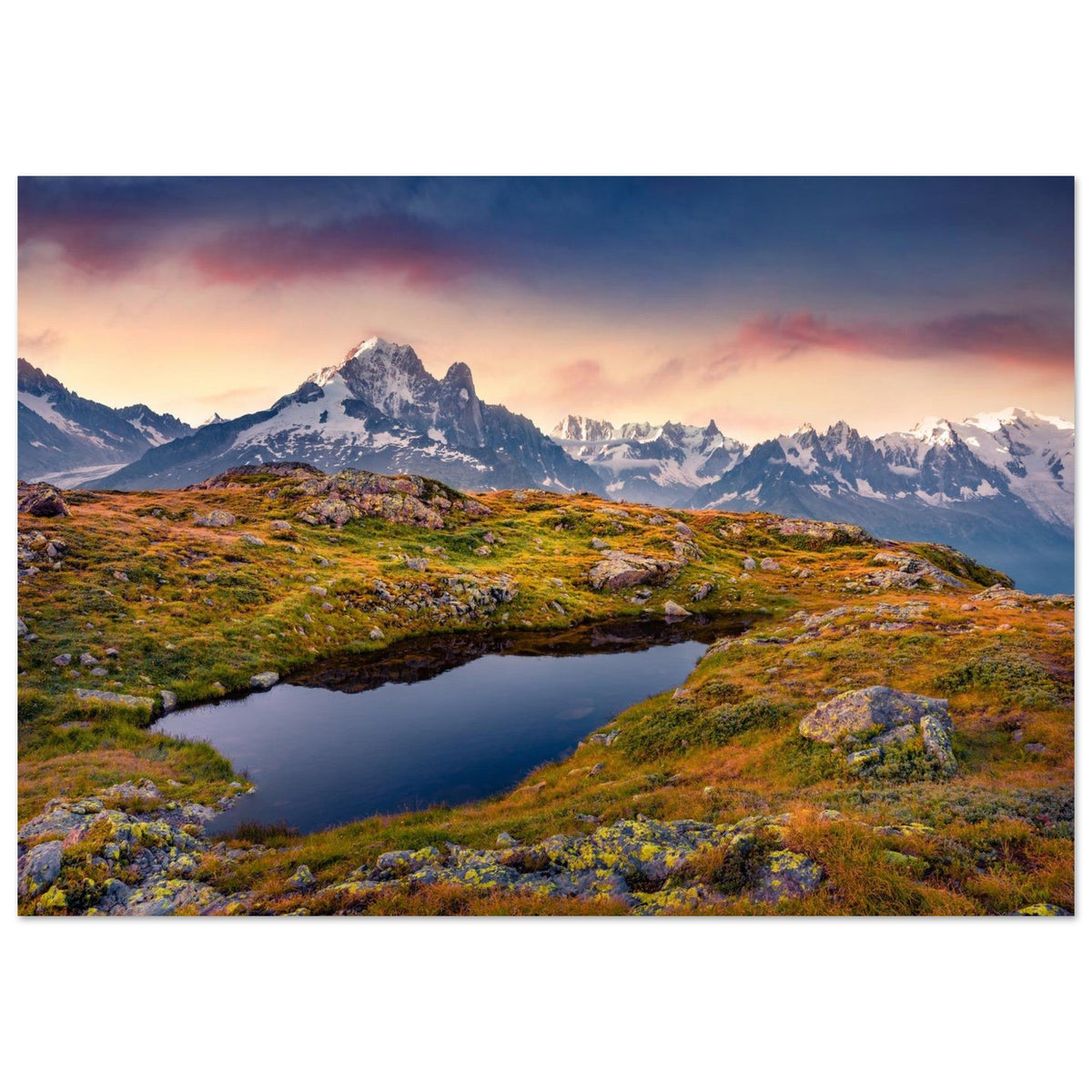 Photo of Lac Blanc facing Mont-Blanc at sunrise — photo print on matte aluminium Dibond