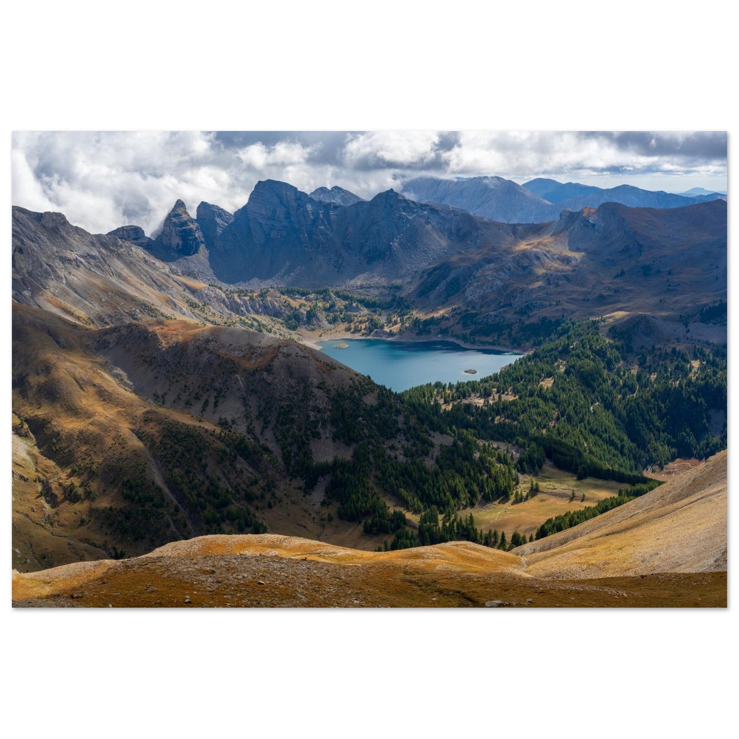 Photo of Lake Allos dominated by the Towers of the Lake, panoramic view — photo print on matte aluminium Dibond