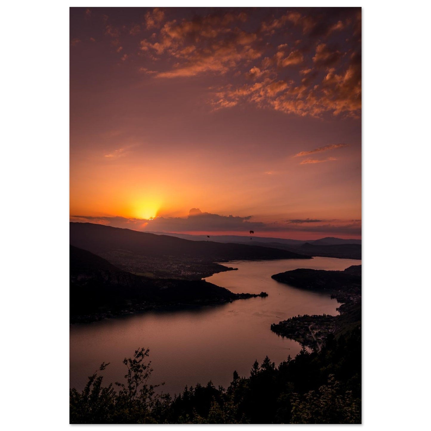 Photo du lac d’Annecy au coucher du soleil — tableau photo paysage de montagne en Alu Dibond, fabrication française