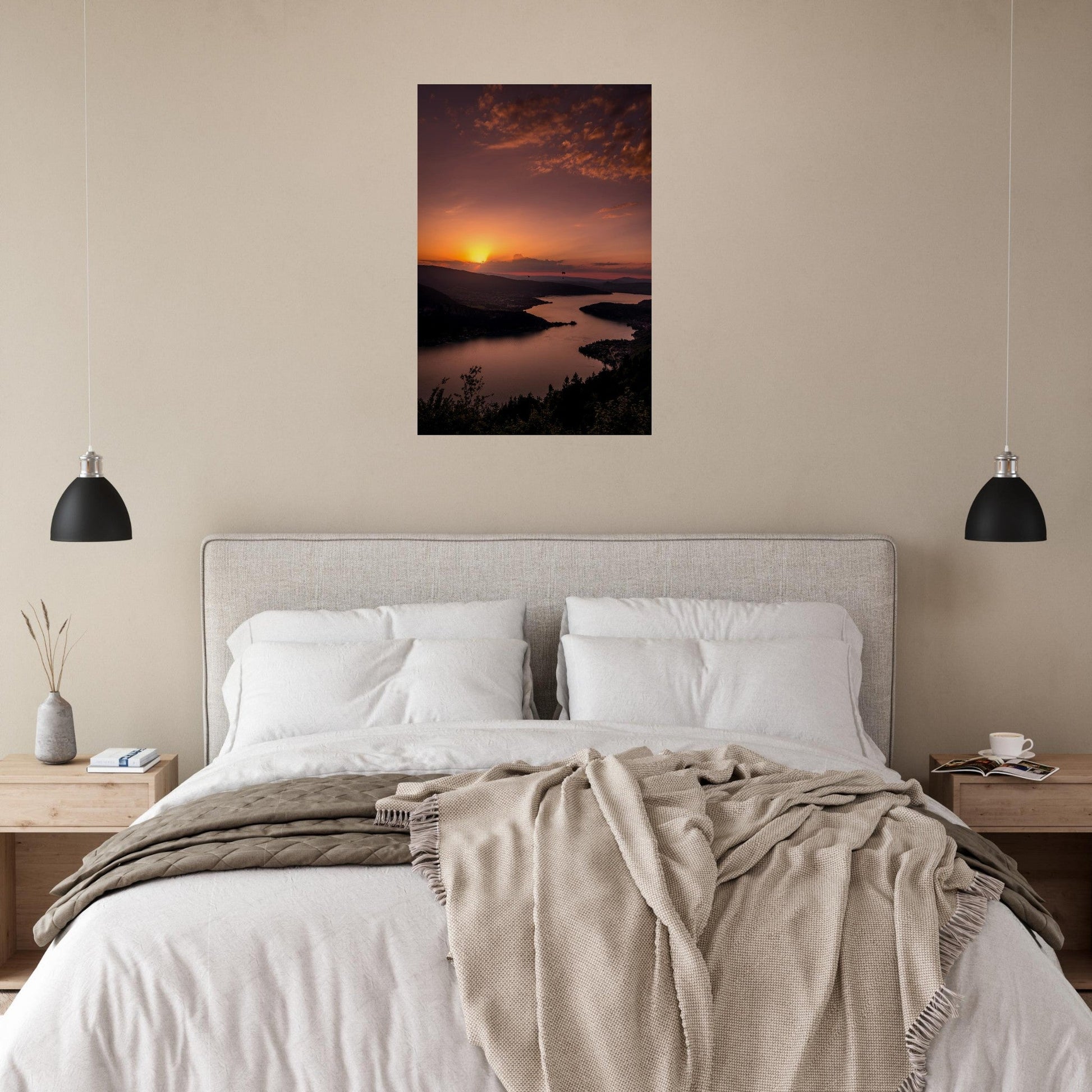 Photo du lac d’Annecy au coucher du soleil — tableau photo paysage de montagne en Alu Dibond, fabrication française