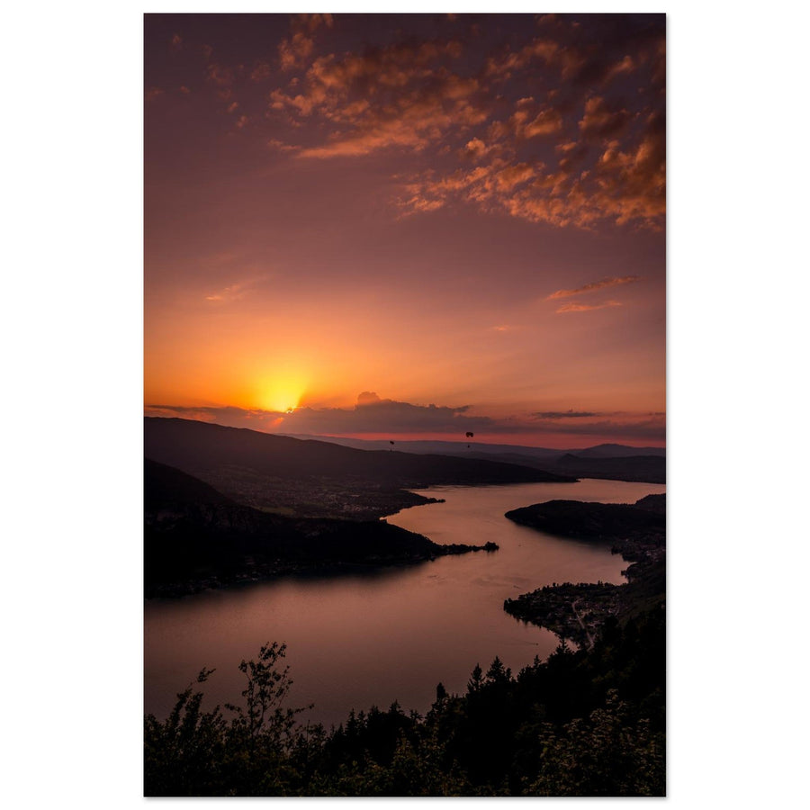Photo du lac d’Annecy au coucher du soleil — tableau photo paysage de montagne en Alu Dibond, fabrication française