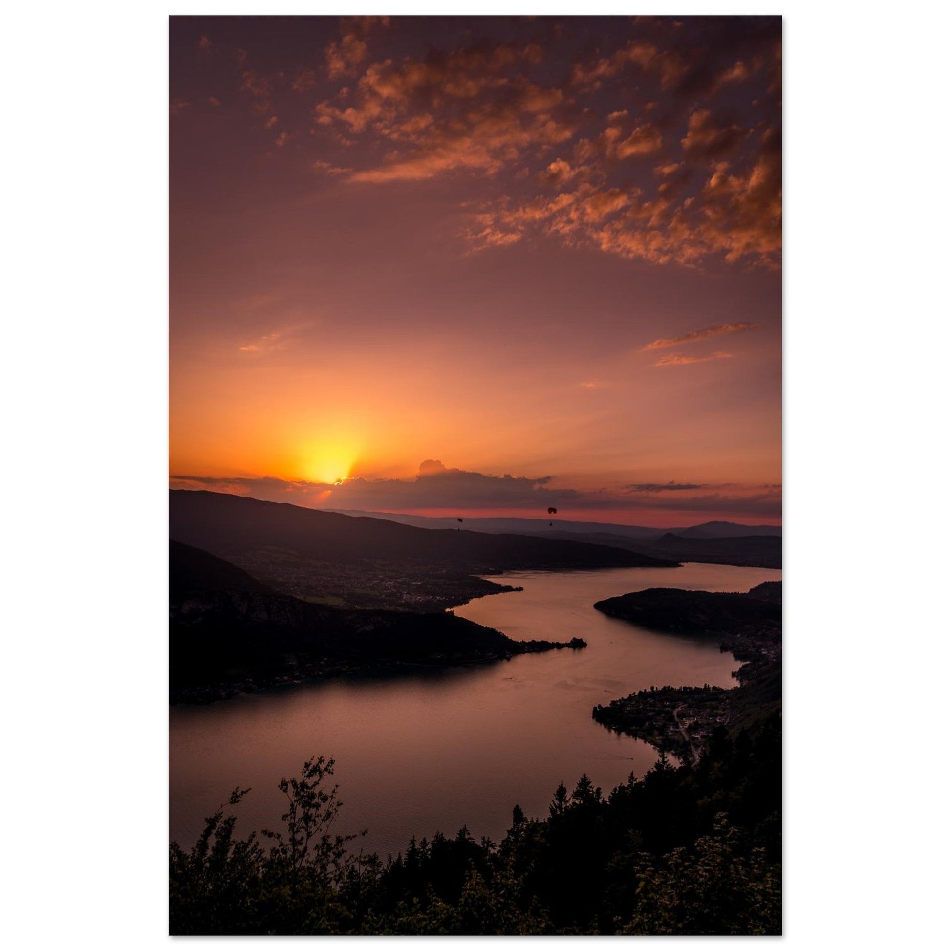 Photo du lac d’Annecy au coucher du soleil — tableau photo paysage de montagne en Alu Dibond, fabrication française
