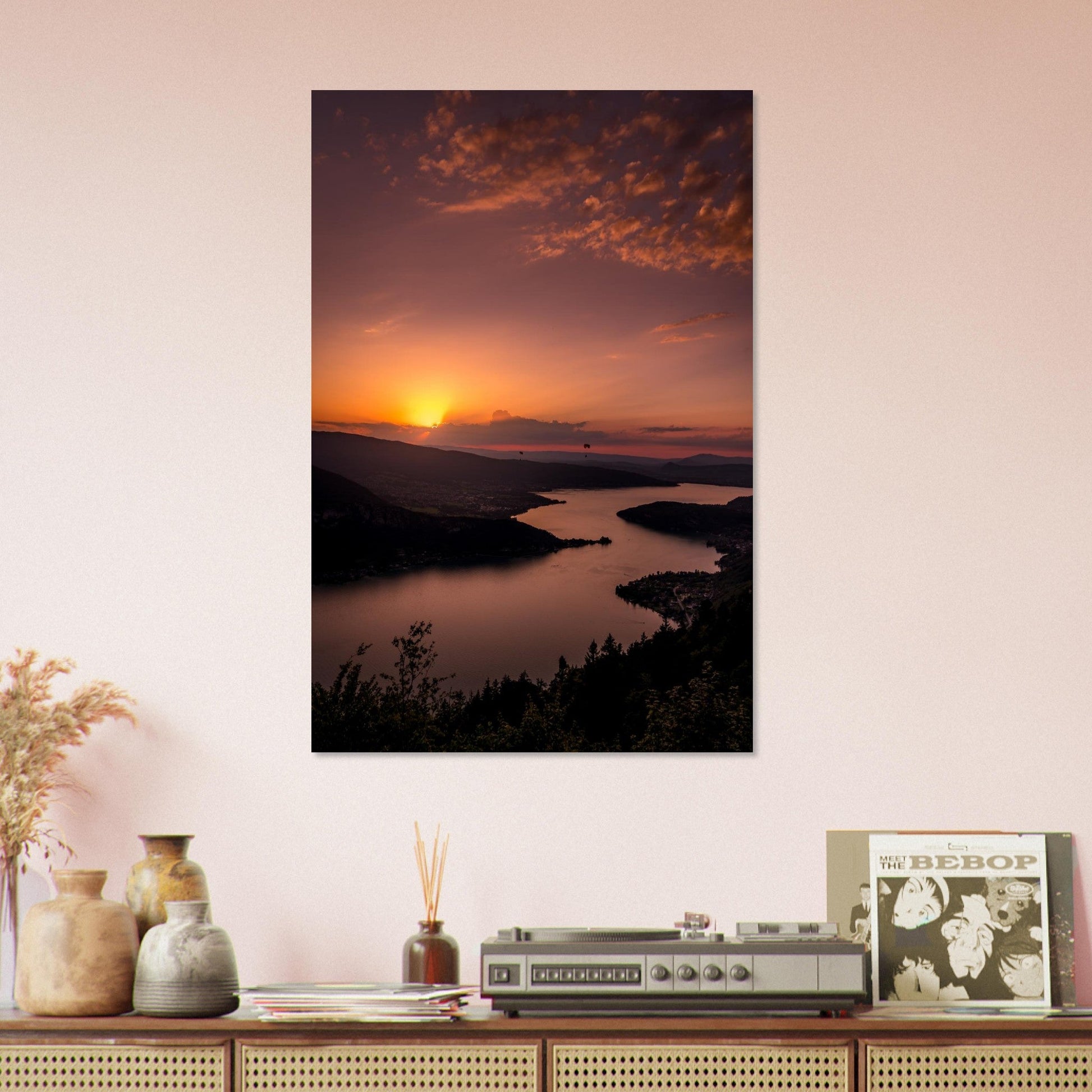 Photo du lac d’Annecy au coucher du soleil — tableau photo paysage de montagne en Alu Dibond, fabrication française