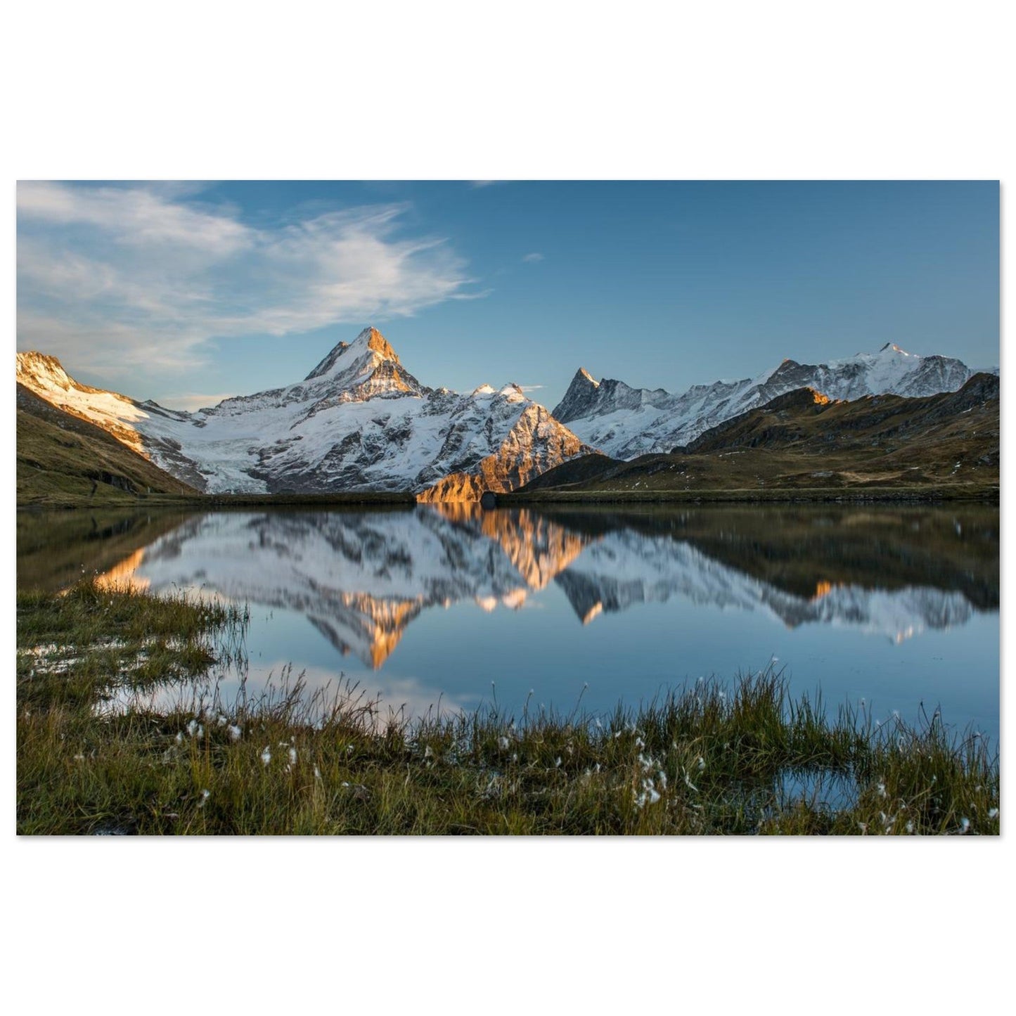 Photo of Bachalp Lake facing the Schreckhorn in the evening light — photo print on matte aluminium Dibond