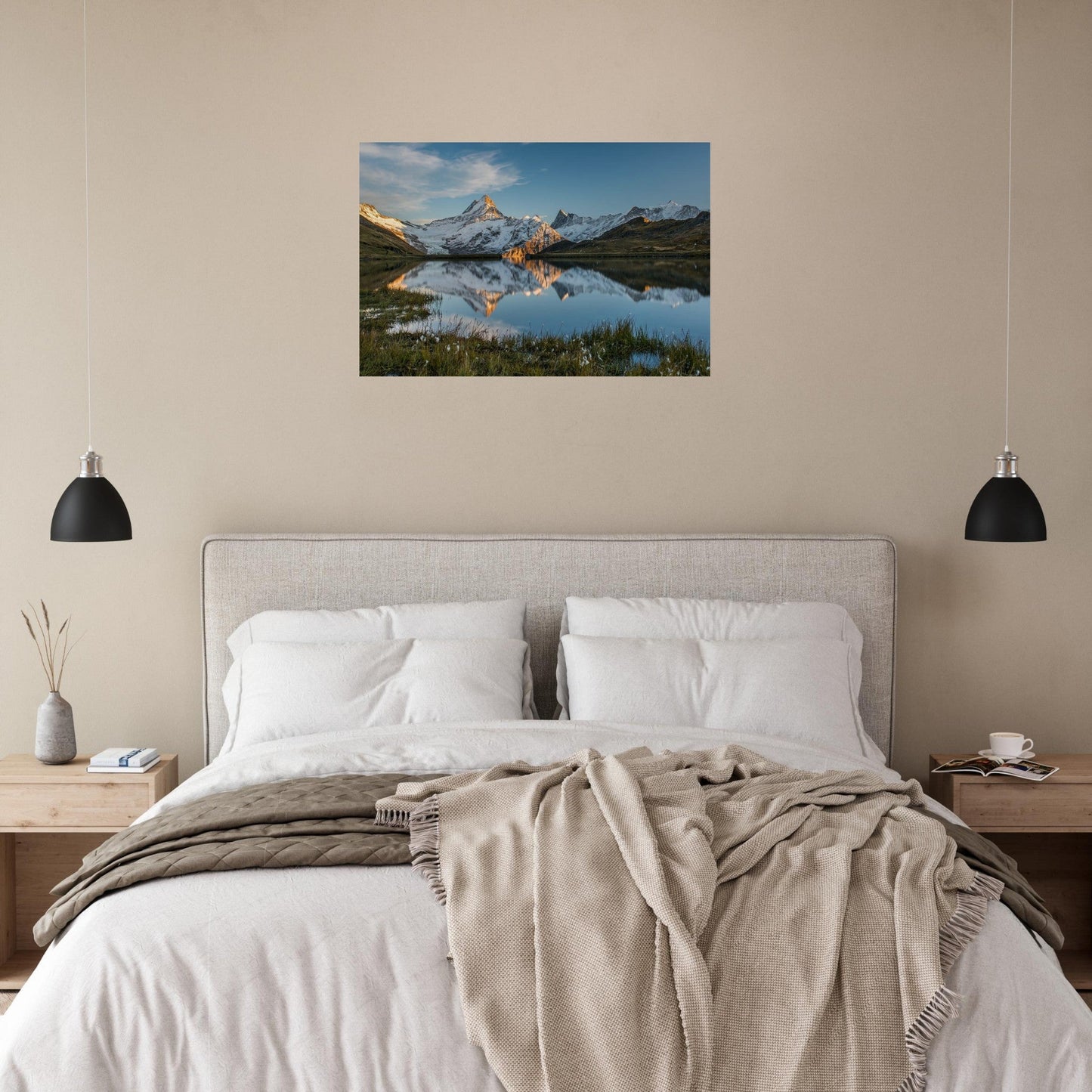 Photo of Bachalp Lake facing the Schreckhorn in the evening light — photo print on matte aluminium Dibond