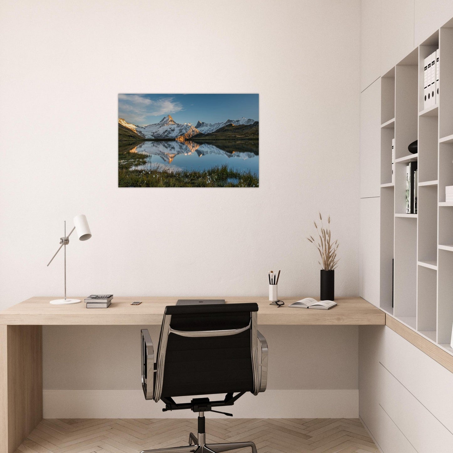Photo of Bachalp Lake facing the Schreckhorn in the evening light — photo print on matte aluminium Dibond