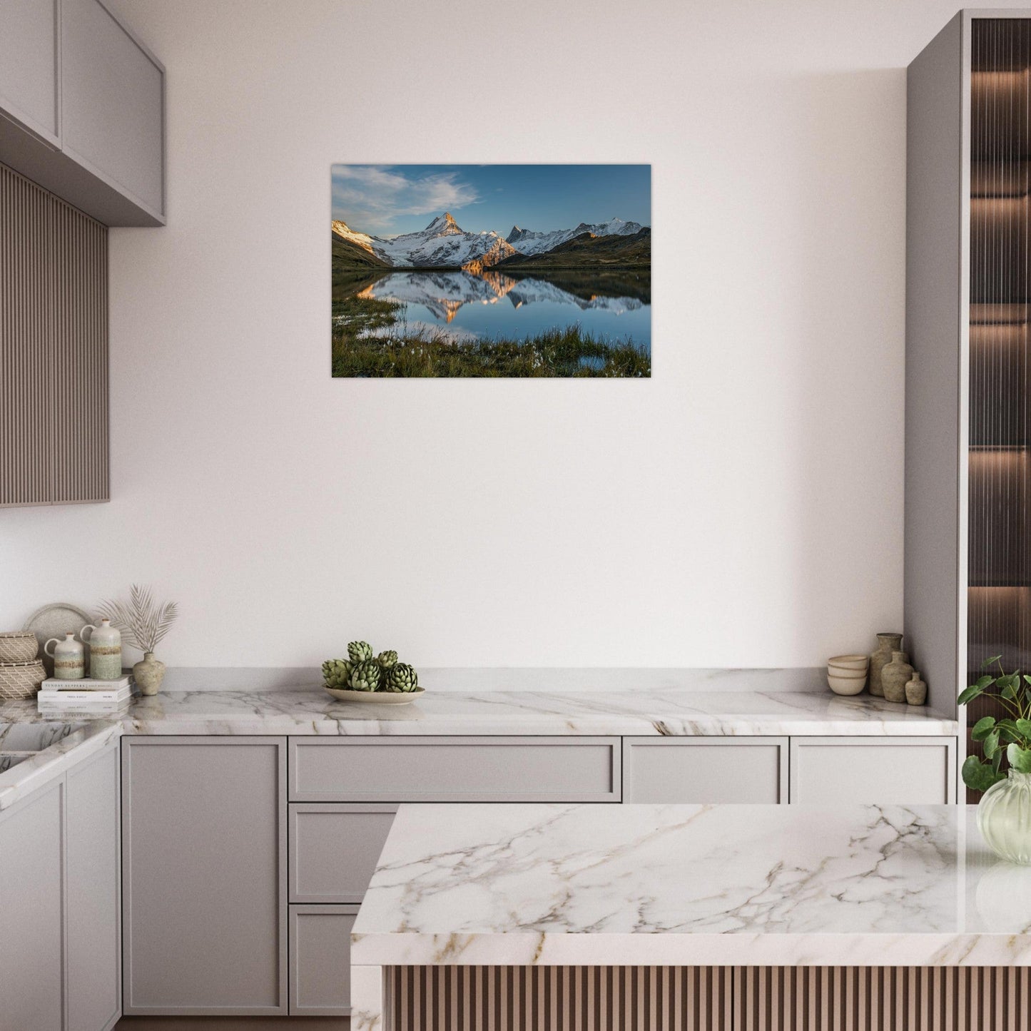 Photo of Bachalp Lake facing the Schreckhorn in the evening light — photo print on matte aluminium Dibond