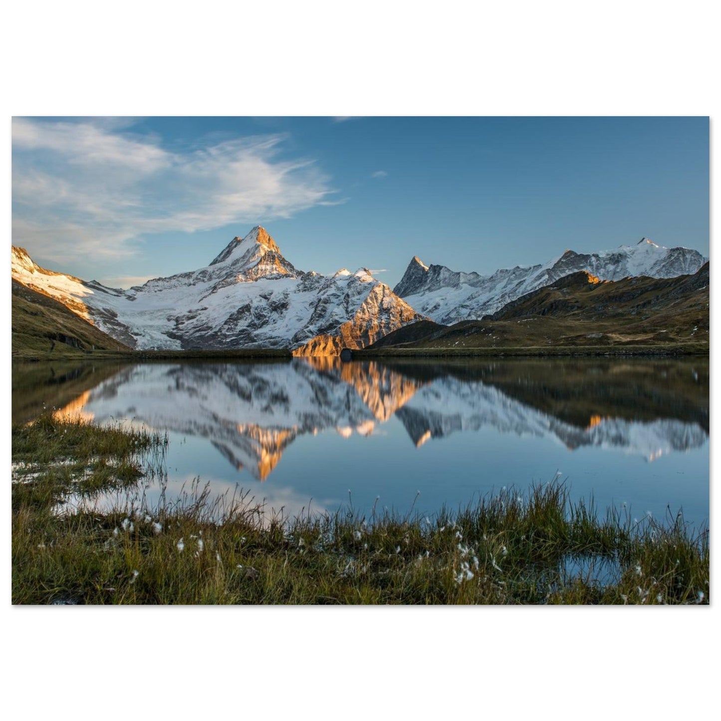 Photo of Bachalp Lake facing the Schreckhorn in the evening light — photo print on matte aluminium Dibond