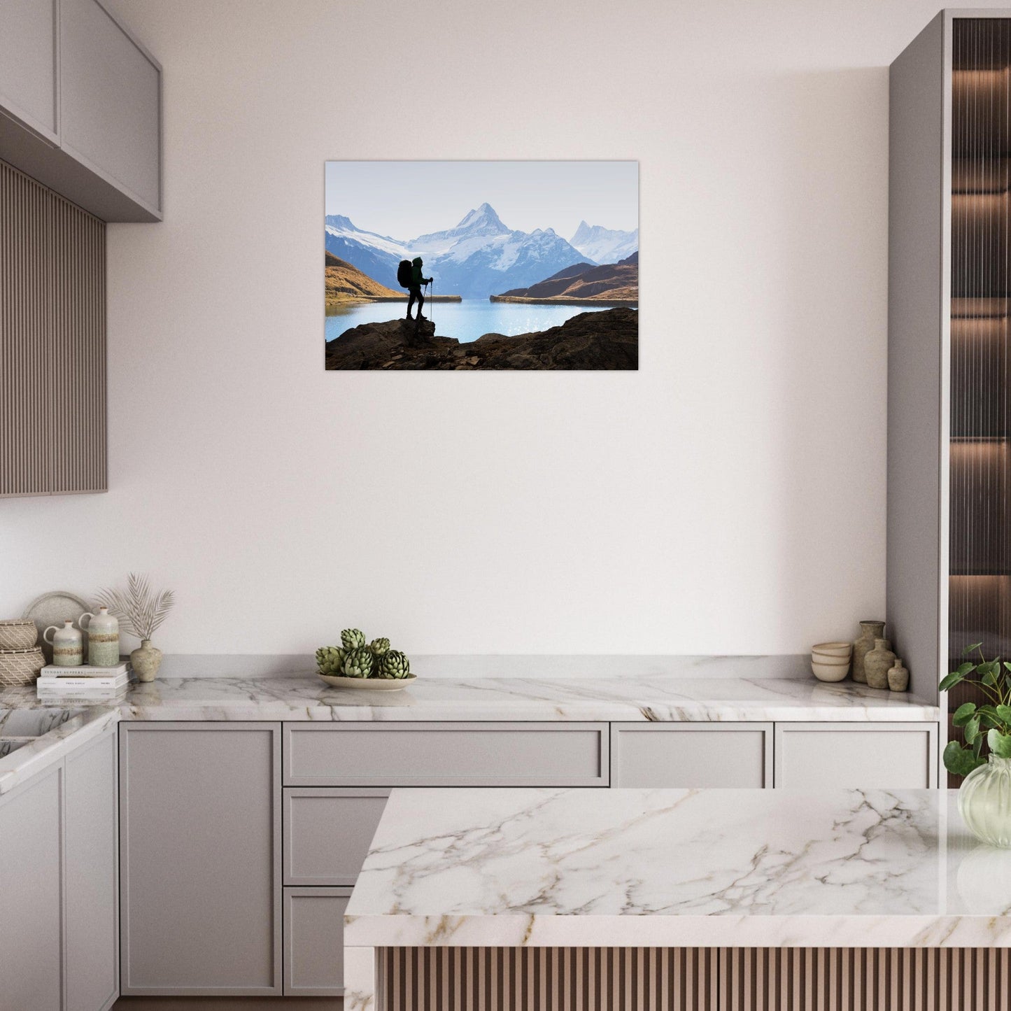 Photo of Lake Bachalp facing the Schreckhorn with a hiker — photo print on matte aluminium Dibond