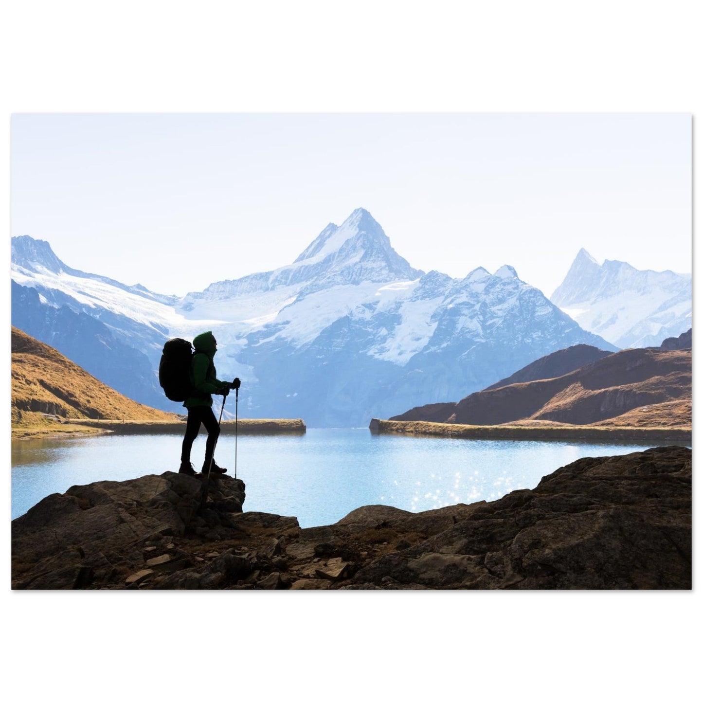 Photo of Lake Bachalp facing the Schreckhorn with a hiker — photo print on matte aluminium Dibond