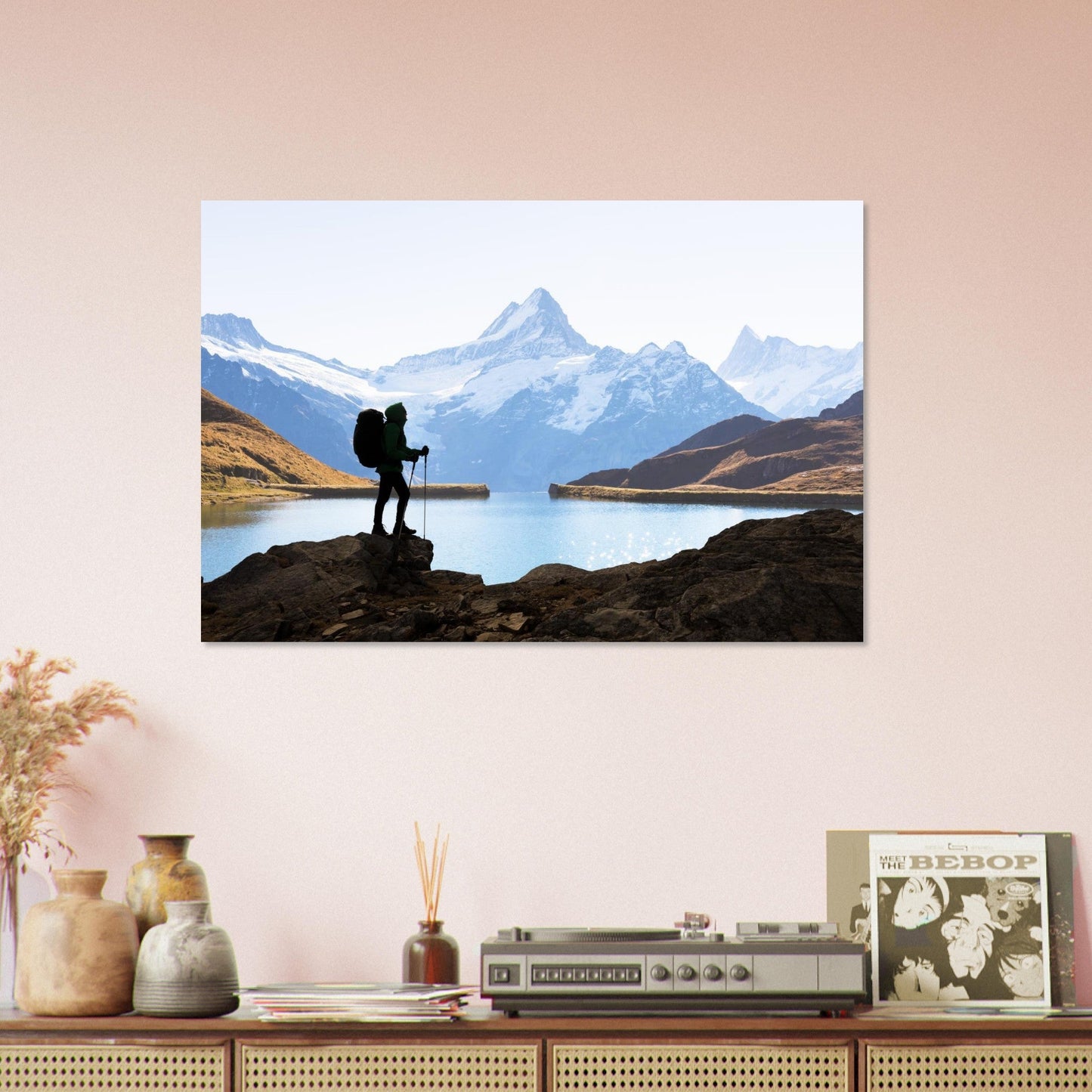 Photo of Lake Bachalp facing the Schreckhorn with a hiker — photo print on matte aluminium Dibond