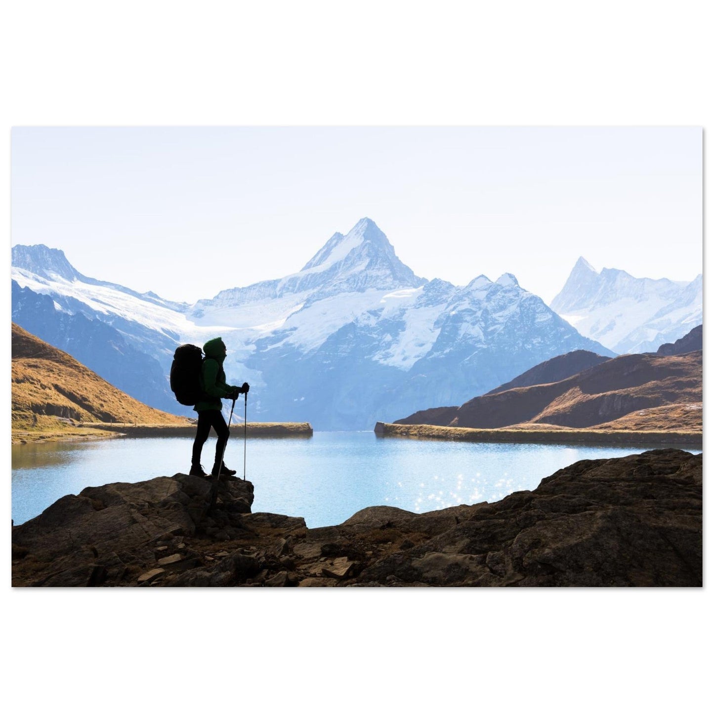 Photo of Lake Bachalp facing the Schreckhorn with a hiker — photo print on matte aluminium Dibond