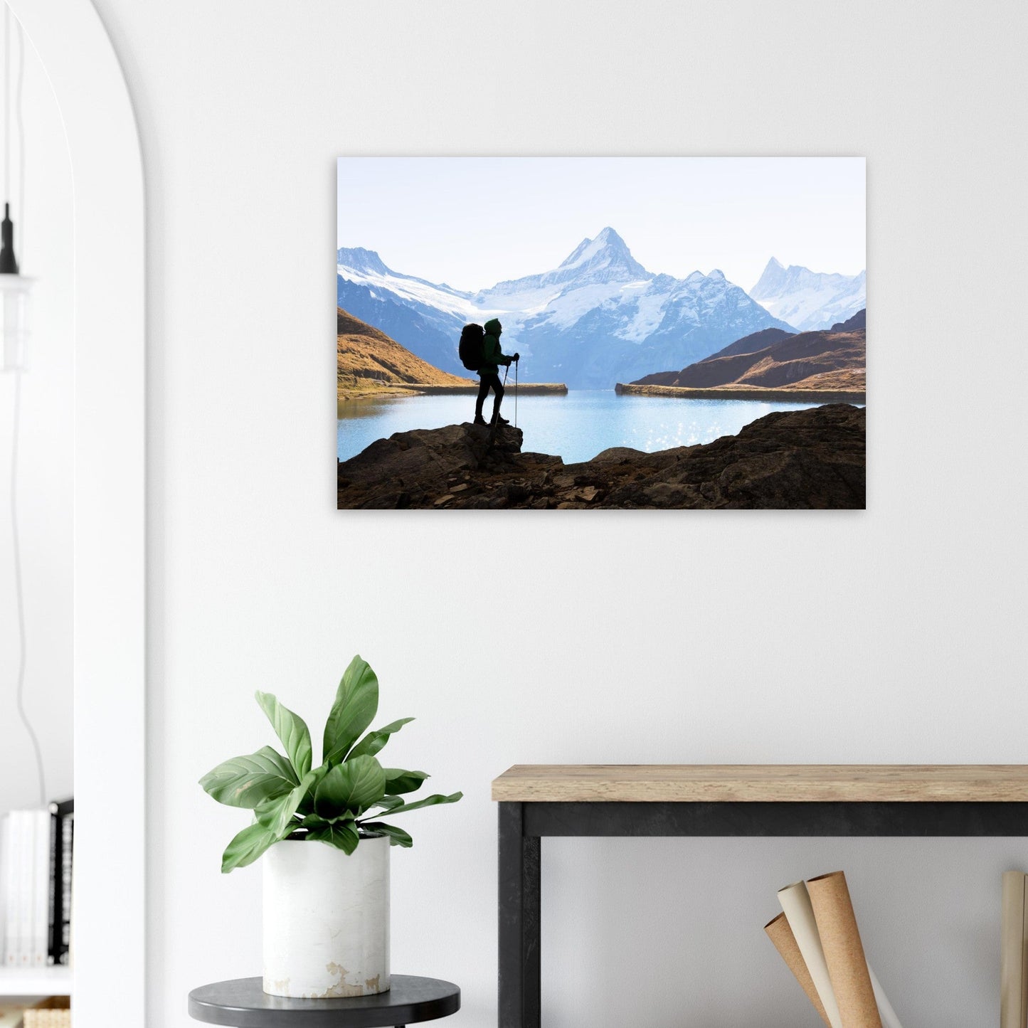 Photo of Lake Bachalp facing the Schreckhorn with a hiker — photo print on matte aluminium Dibond