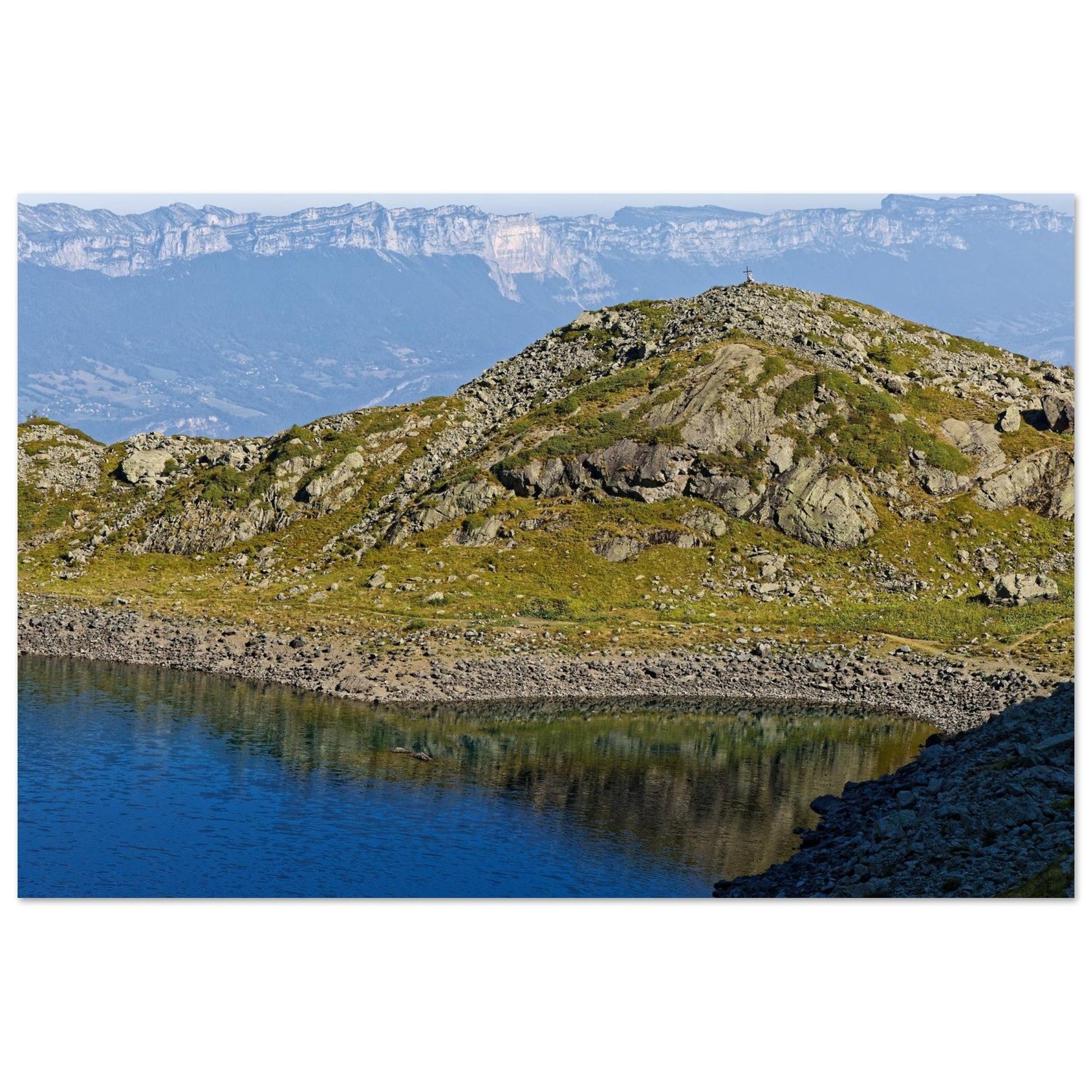 Photo du lac de Crop face au Grand Pic et à la Croix de Belledonne — tableau photo paysage de montagne en Alu Dibond, fabrication française